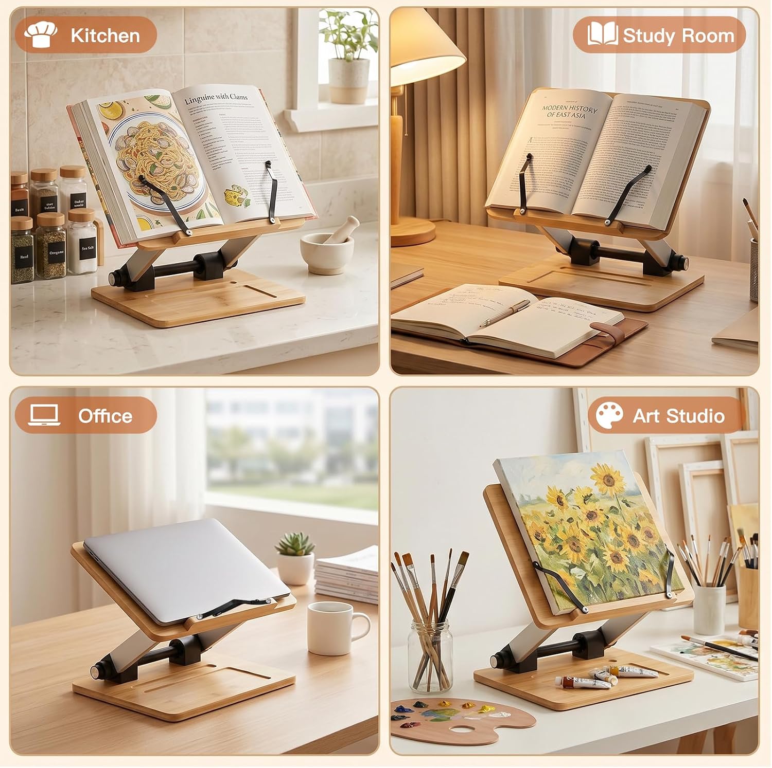 Bamboo Adjustable Book Stand, Foldable Cookbook Holder | storage tray,metal page clips,0-180° angle adjust.Hands-Free,multi-use for books,E-book,laptop,drawing,cooking