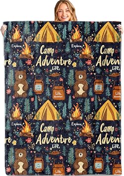 Camping Adventure Throw Blanket,50x60in,Soft,Lightweight Flannel,Campfire Tent Bear Forest Blankets - Gifts for Kids Women Girls,Outdoor Lovers,for Couch Office Travel,Home Living Room Decor