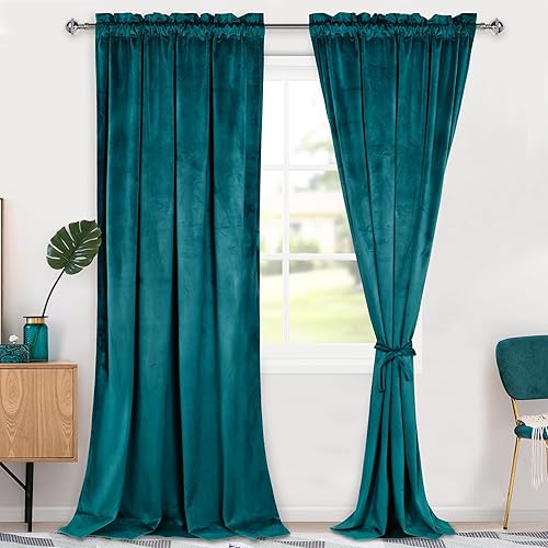Hiasan Cortinas opacas de terciopelo color verde azulado de 96 pulgadas, con aislamiento térmico y suaves para dormitorio, sala de estar,