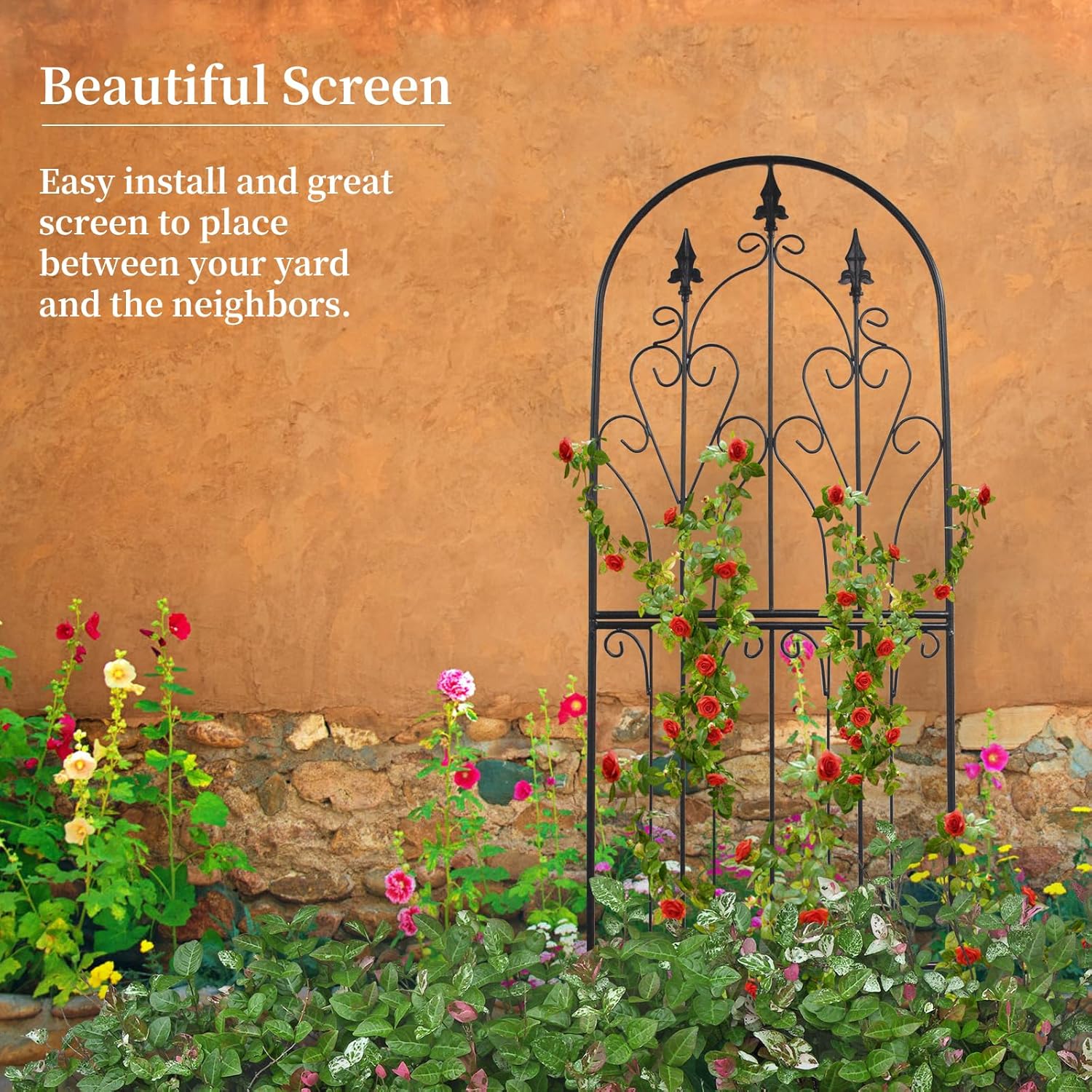 Garden Trellis for Climbing Plants 59" H x 21.7" W Metal Unique Design Decorative Garden Structure Weather-Resistant Lattice Outdoor Decor Flowers Roses Vine Ivy Clematis Black Coating