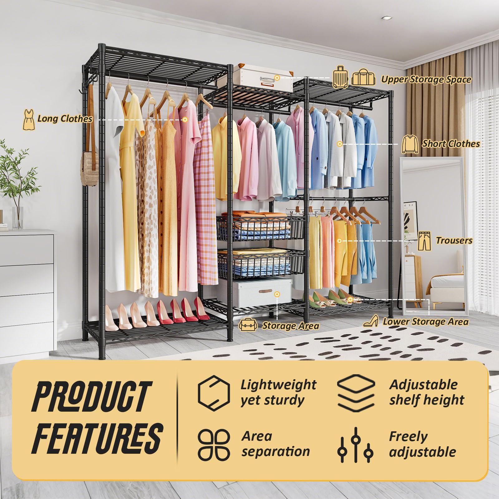 Perchero Metálico de 4 Niveles, Riel para Ropa de Alta Resistencia con Estantes, Carga Máxima 500 lbs, Organizador Grande para Ropa, Negro