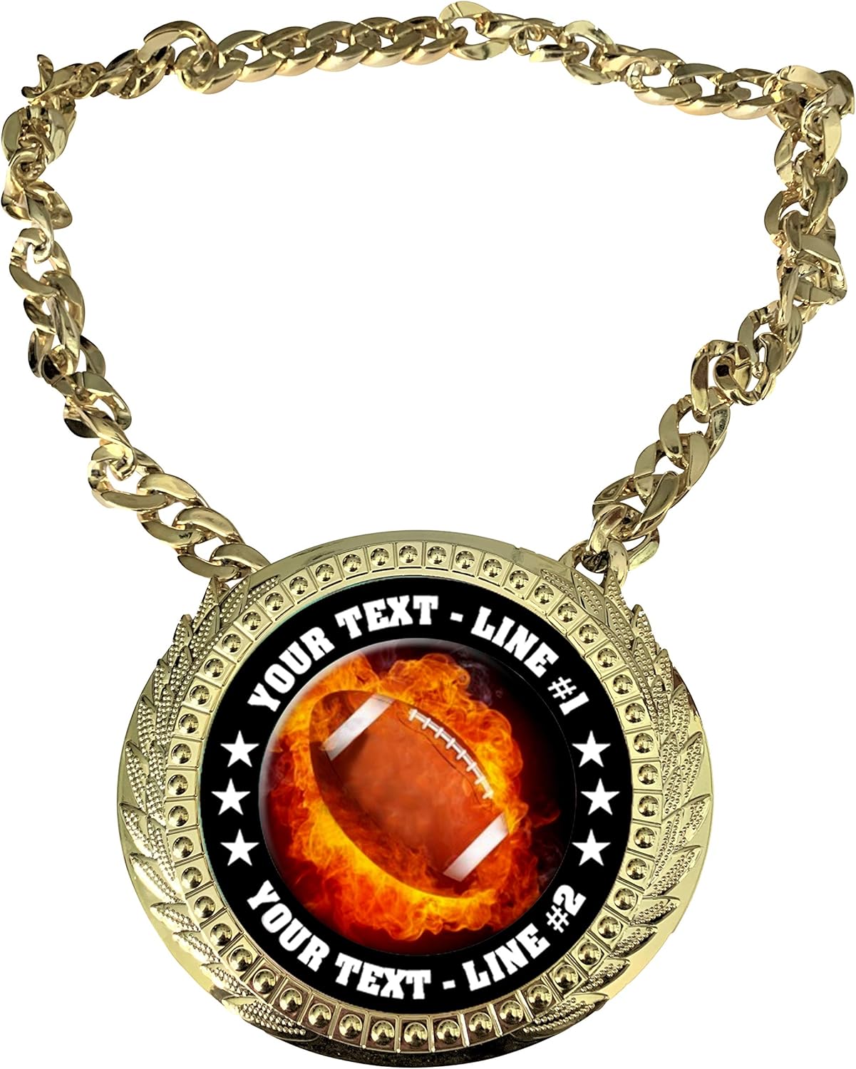 Express Medals Custom Flame Football Champ Chain Trophy with 2 Lines of Personalized Text on a Large Rigid Plastic Award Medal and 34 Inch Long Gold Color Neck Chain. EMFCL802