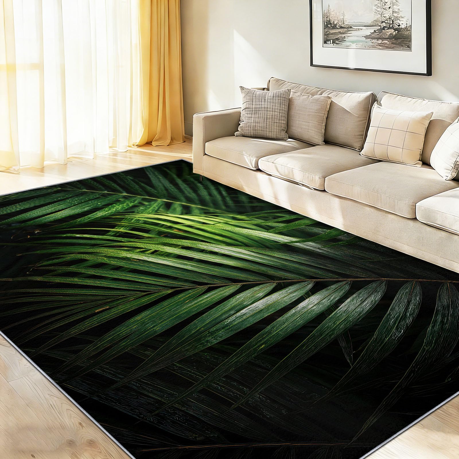 Tapis Chambre Salon Feuilles Palmier Feuilles Tropicales Lumière Ombre Doux Antidérapant Lavable en Machine Tapis Décoratif de Style Photographie Nature pour Entree Interieur, 180 x 240 cm Vert