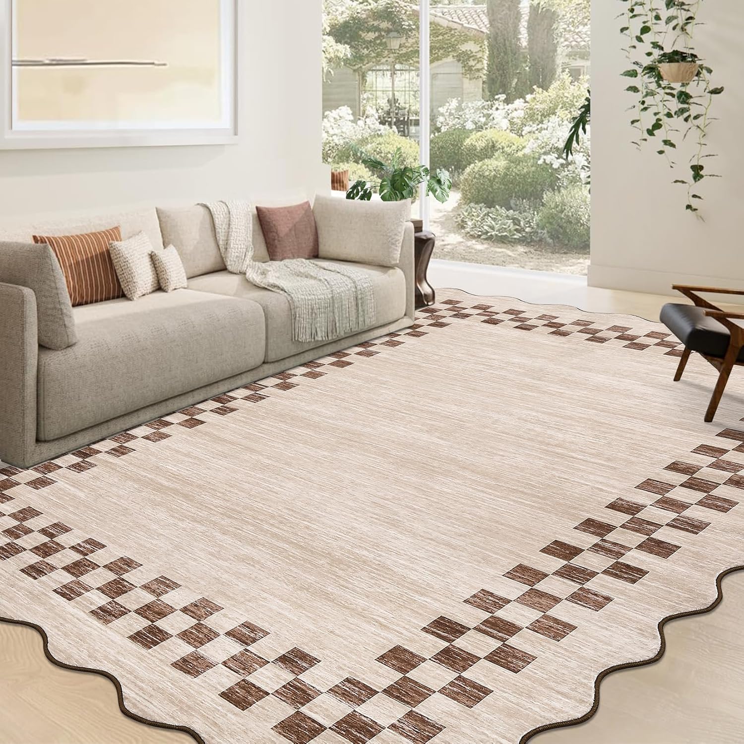 GarveeHome Washable Rug 5x7 for Living Room Large Bedroom Scalloped Rug Non Slip Stain Resistant Modern Border Throw Carpet Soft Boho Rug for Dining Room Nursery Home Office, Beige - Image 8