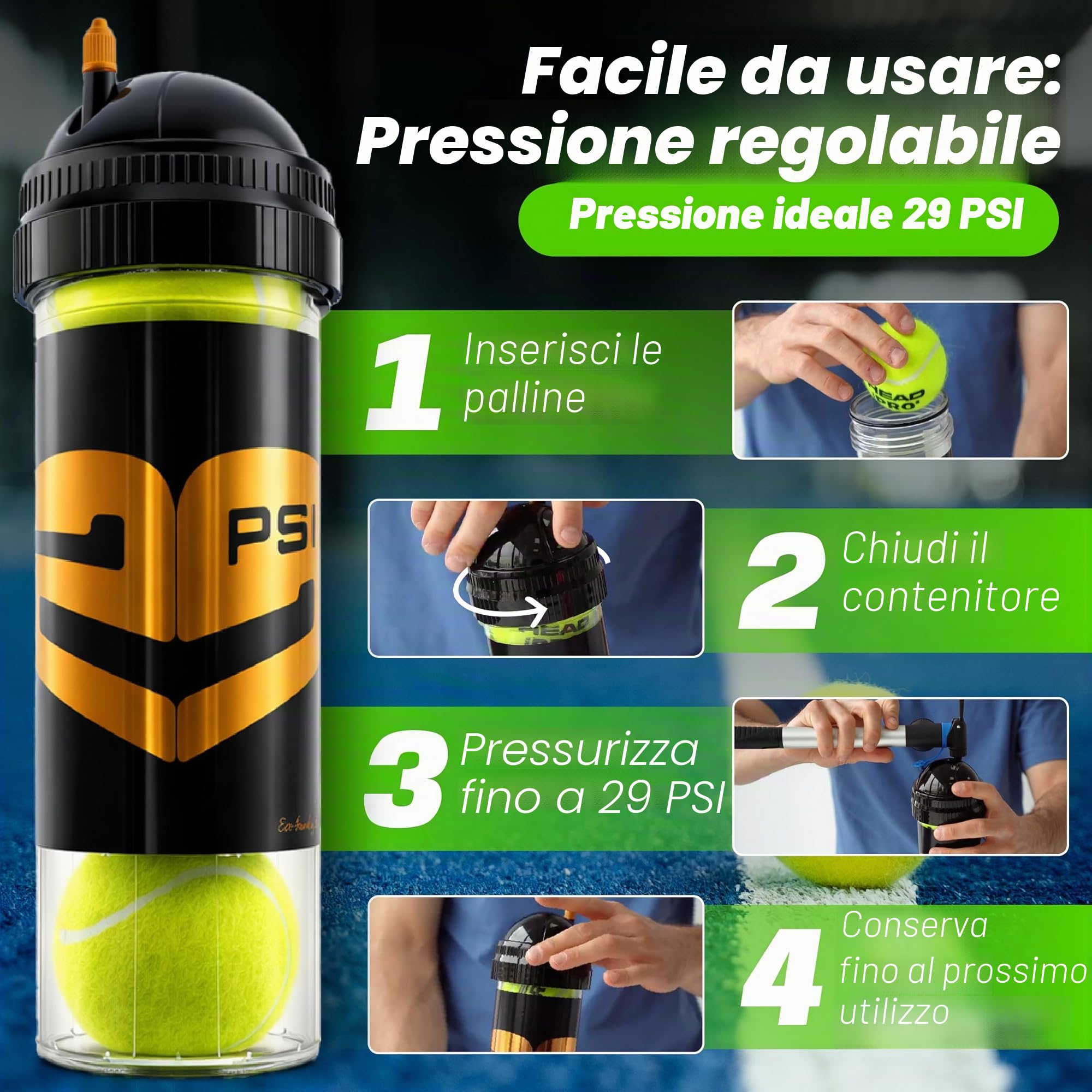 TUBOPLUS 29PSI - Pressurizzatore di palline da tennis e da paddle | Mantiene la pressione e il rimbalzo | Barca a tenuta stagna per prolungare la vita utile delle palline