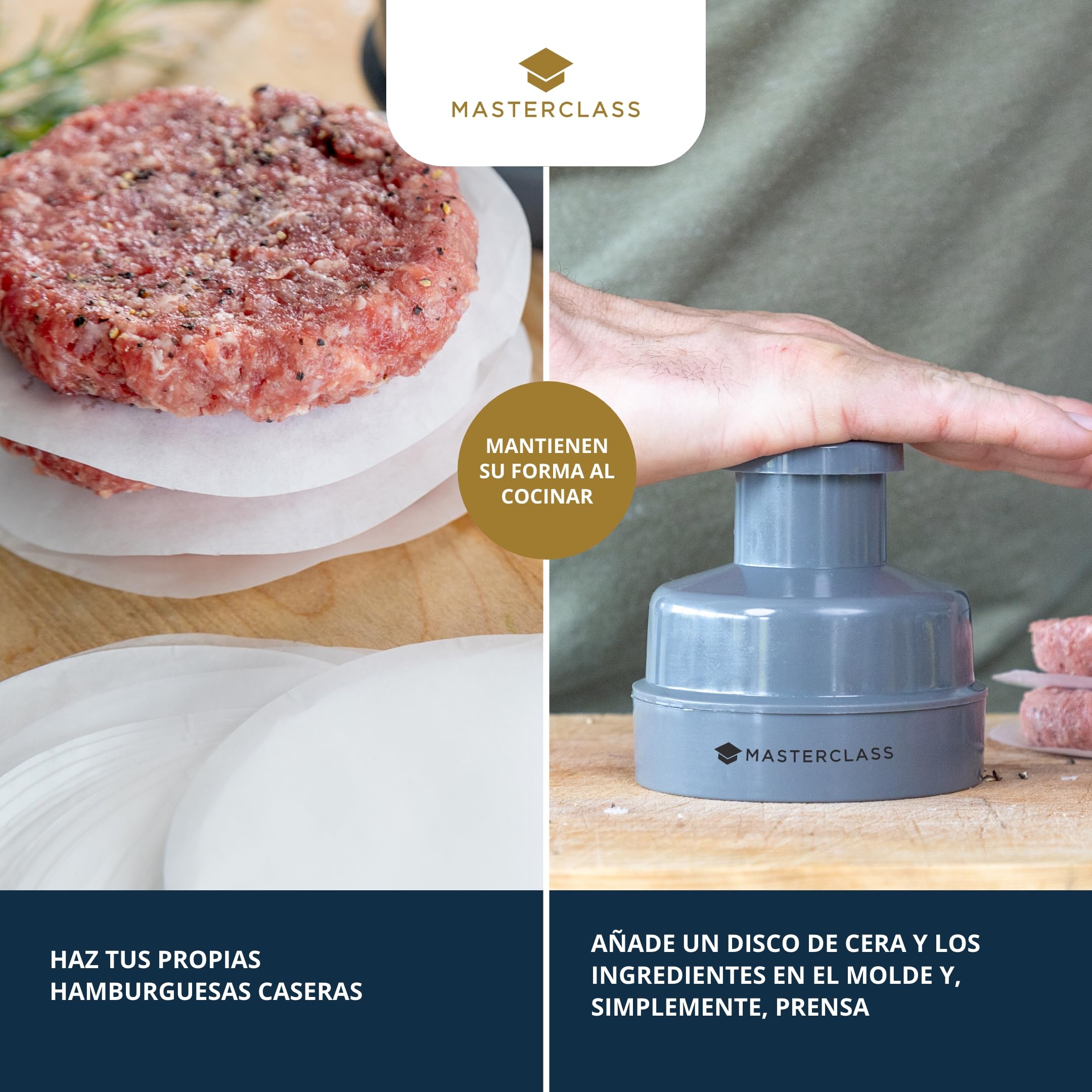 MasterClass Burger Maker Press, Burger Patty Maker para hamburguesas caseras, kit antiadherente para hamburguesas con molde para hamburguesas, 100 discos de cera y un libro de recetas.