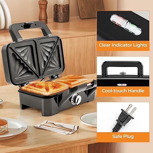 Miniatura 6 de Sandwichera 3 en 1, waflera de 1082 W con platos extraíbles, prensa para sándwich con control de temperatura de 5 engranajes, luces indicadoras,