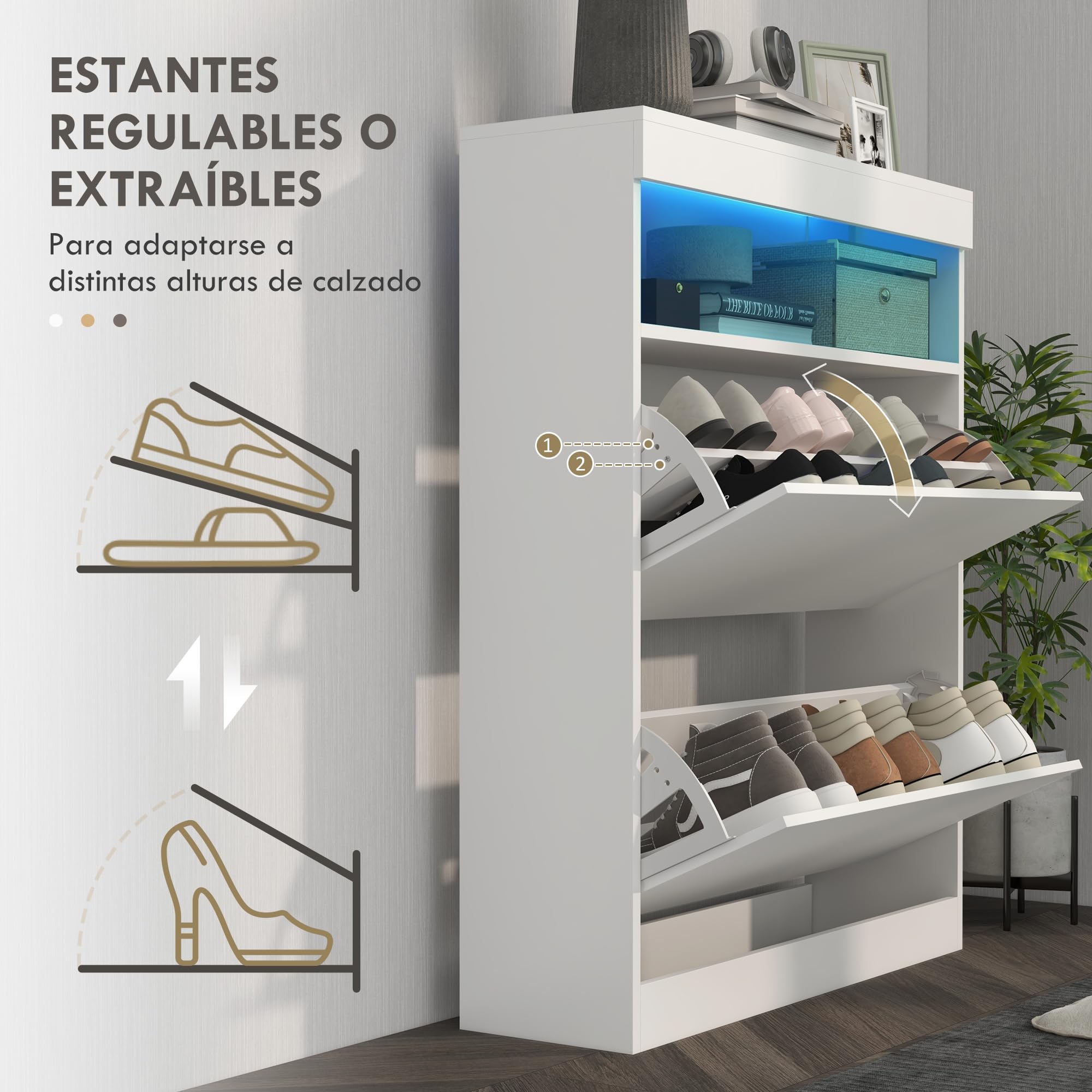HOMCOM Mueble Zapatero de Recibidor con LED Blanco Brillo 80x24x99,5 cm | Armario Zapatero Independiente o Pared, Estante Abierto, 2 Cajones Abatibles, para 12-16 Pares de Zapatos