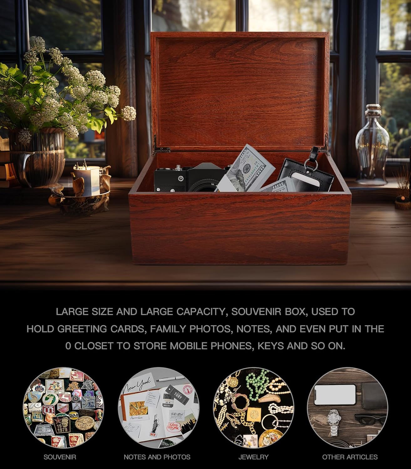 WANLIAN Large Modern Oak Wooden Keepsake Box with Hinged Lid - Wood Gift Box for Men, Wood Storage Box for Mementos, Collectibles & Trading Cards - 13*8.7*5.9 inch (Oak)