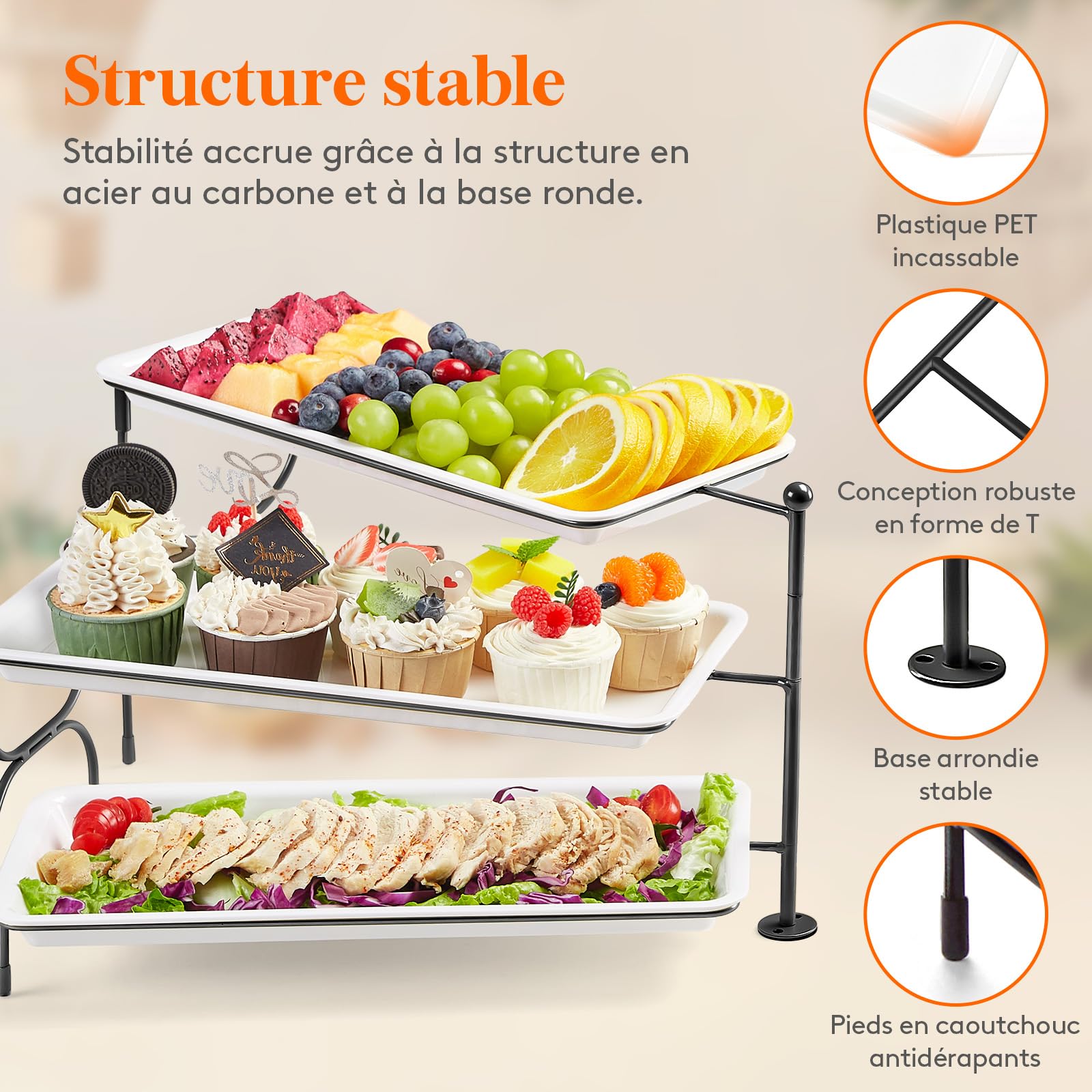 Lifewit Plateau de Service avec 3 Plats, Plateau Repas Amovible, Grand Plateau Plastique Rectangulaire 36 × 17cm, Presentoir Aperitif Buffet, Présentoir à Gâteaux, Panier Fruits, Support en Métal Noir