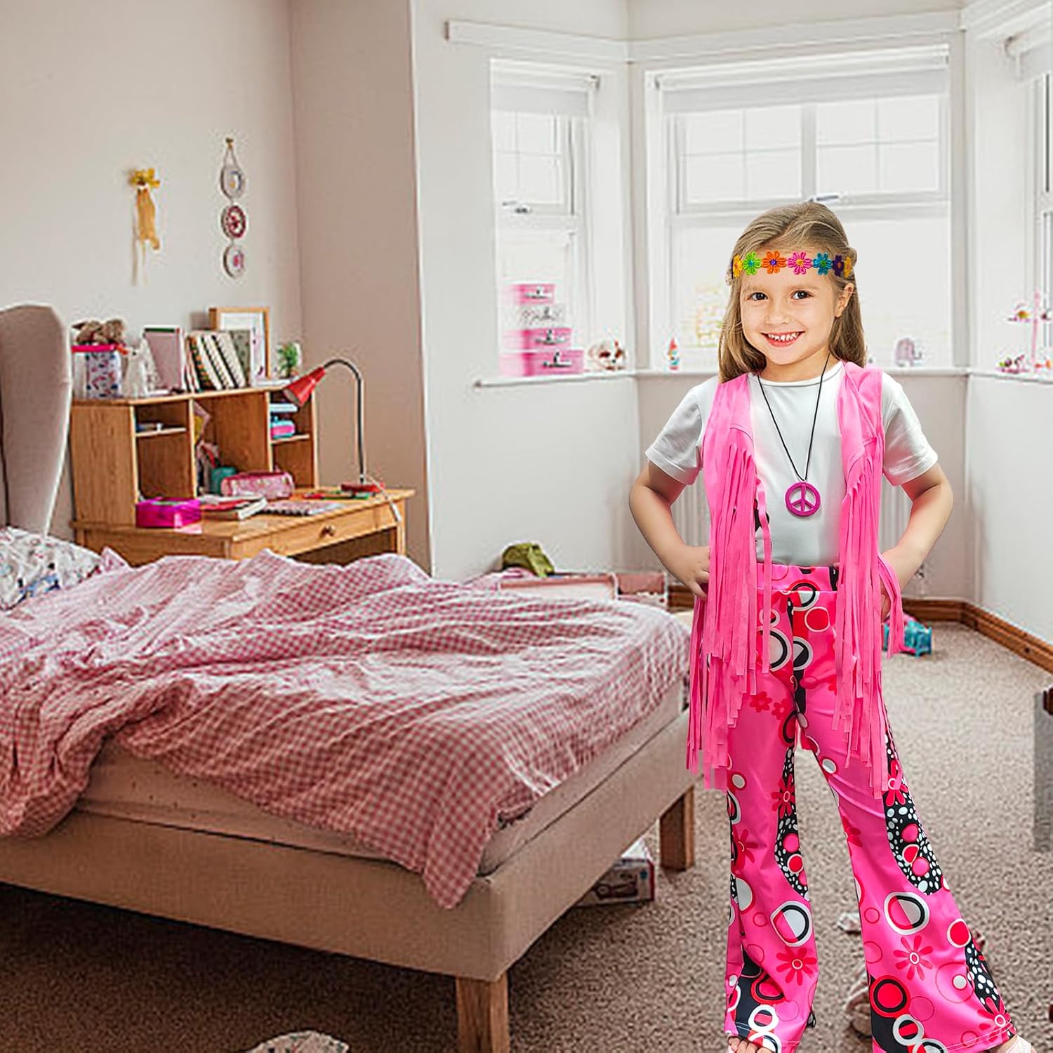 8 Pcs Girls Kids 60s 70s Hippie Costume Disco Outfits Fringe Vest Boho Bell Bottoms Hippie Outfits Accessories Set - Image 4