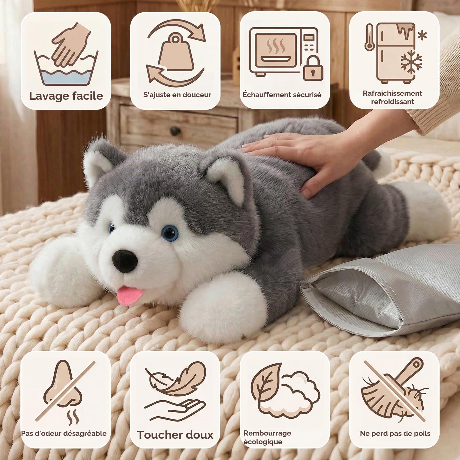Mewaii Peluche Lestée Chien, Lavable, Poids Réglable, 2,3kg | Réfrigérable et Micro-ondable, Déco Mignonne Chambre/Bureau, Cadeau pour Enfants et Adolescents
