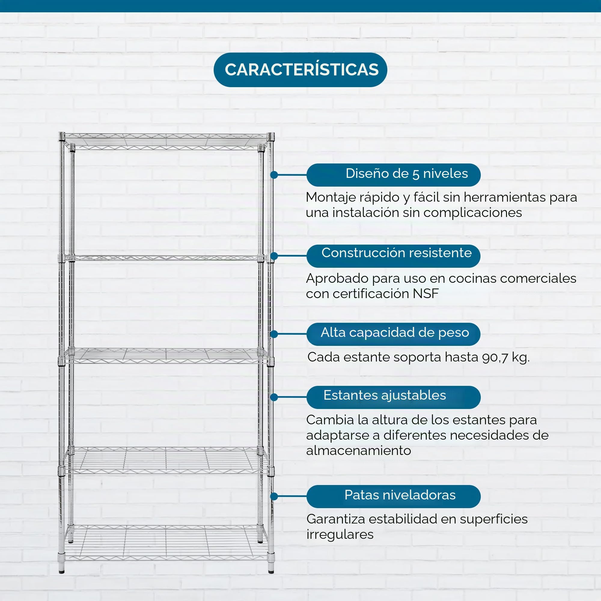 Honey Can Do Unidad de Estantería Ajustable con 5 Niveles, Acero Inoxidable, Cromado, 19.05x36.83x95.25 cm
