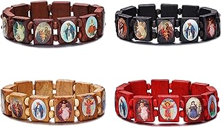 4pcs Wooden Jesus Virgin Mary Bracelet Saints Rosary, Stretchable Wooden Small Panel Bracelet, with Images of Religious Saints Jesus Gift for Men & Women