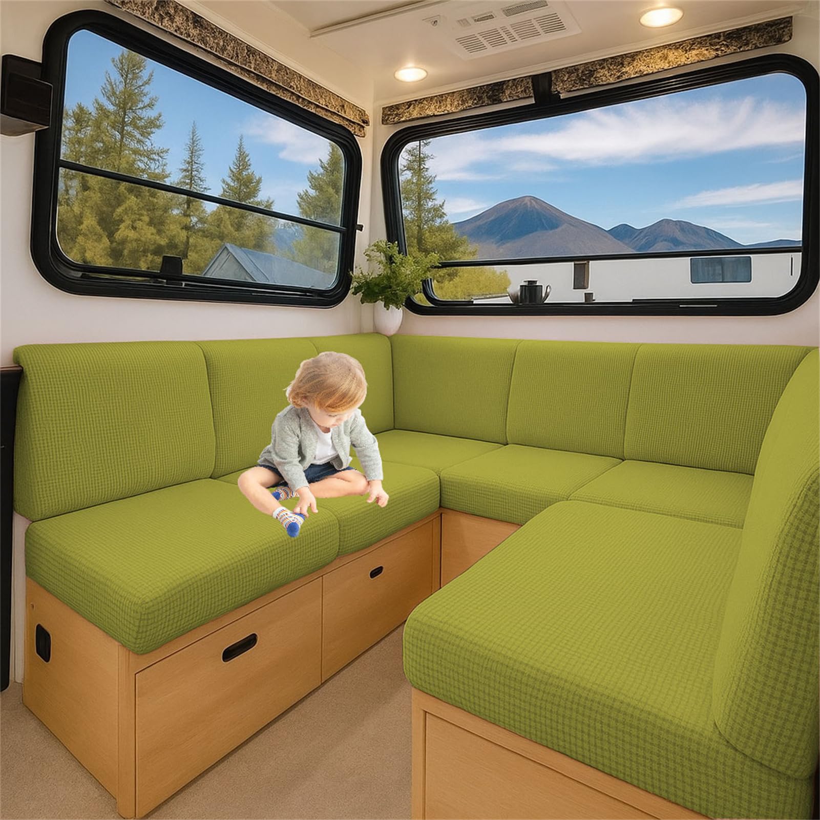 ZGDDPZA Stretch Jacquard RV Caravan Cushion Cover Non-Slip Fit Multi‑Size for Dinette Motorhome, Indoor Seating & Camper Benches (Yellow-green,L 135-165cm W 65-95cm)