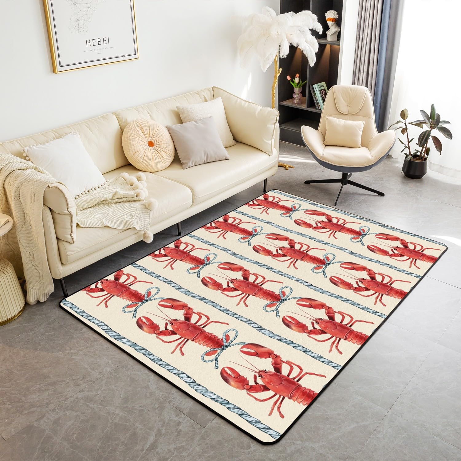 Erosebridal Kids Lobster Area Rug 4'11" x 3'3", 3D Animals Bowknot Ropes Non Slip Living Room Rugs for Boys Girls, Vintage Stripes Decorative Carpet