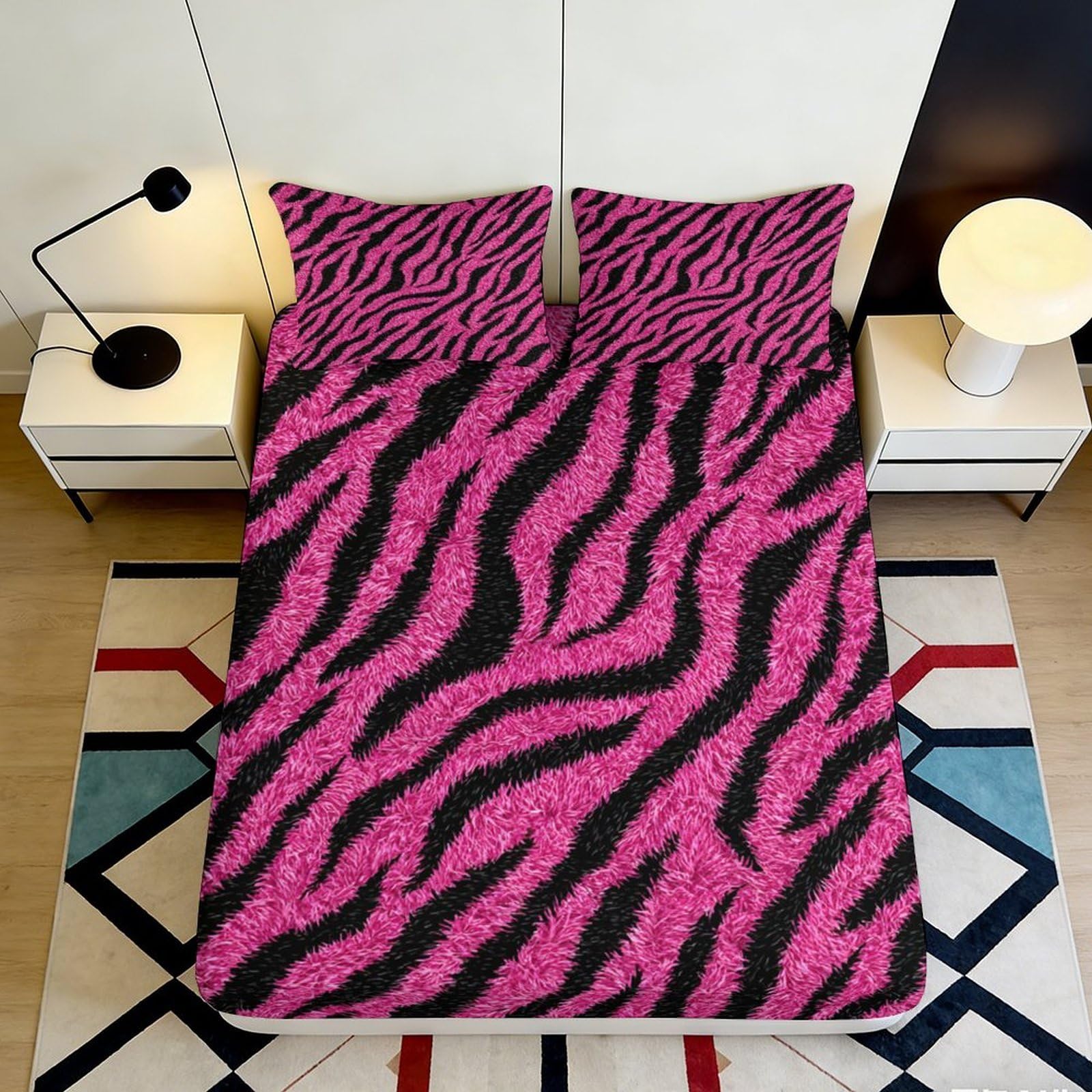 3D Printed Pink Tiger Stripe Fitted Sheet Microfiber Soft Breathable Zebra Pattern Mattress Cover for Bedroom Dorm Decor 90x200x25cm