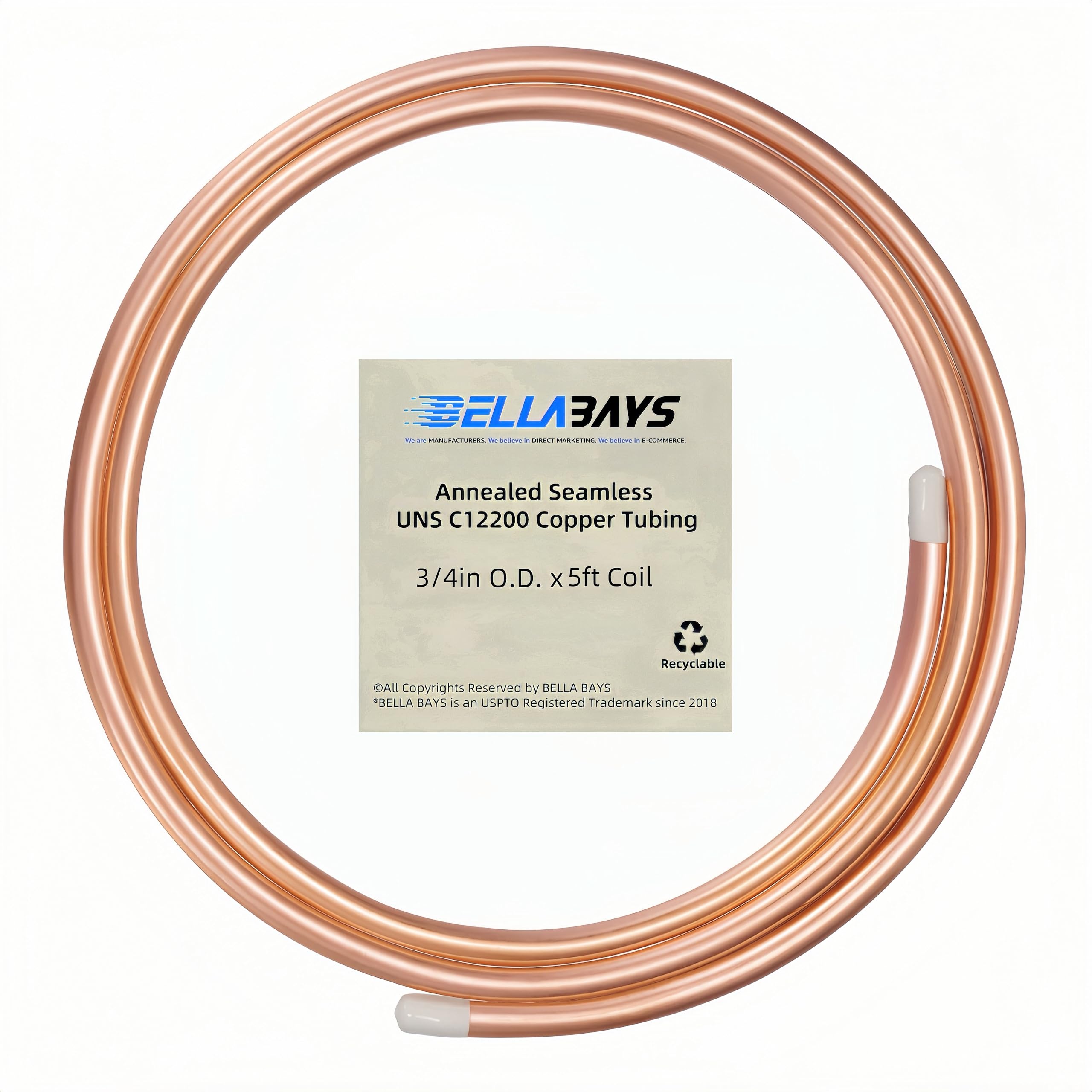 BELLA BAYS Copper Tubing 3/4" OD x 0.687" x 5 ft, 99.9% C12200 ASTM B280 Refrigeration ACR Tubing Seamless Soft Coil Round T2 Pure Copper Tube for
