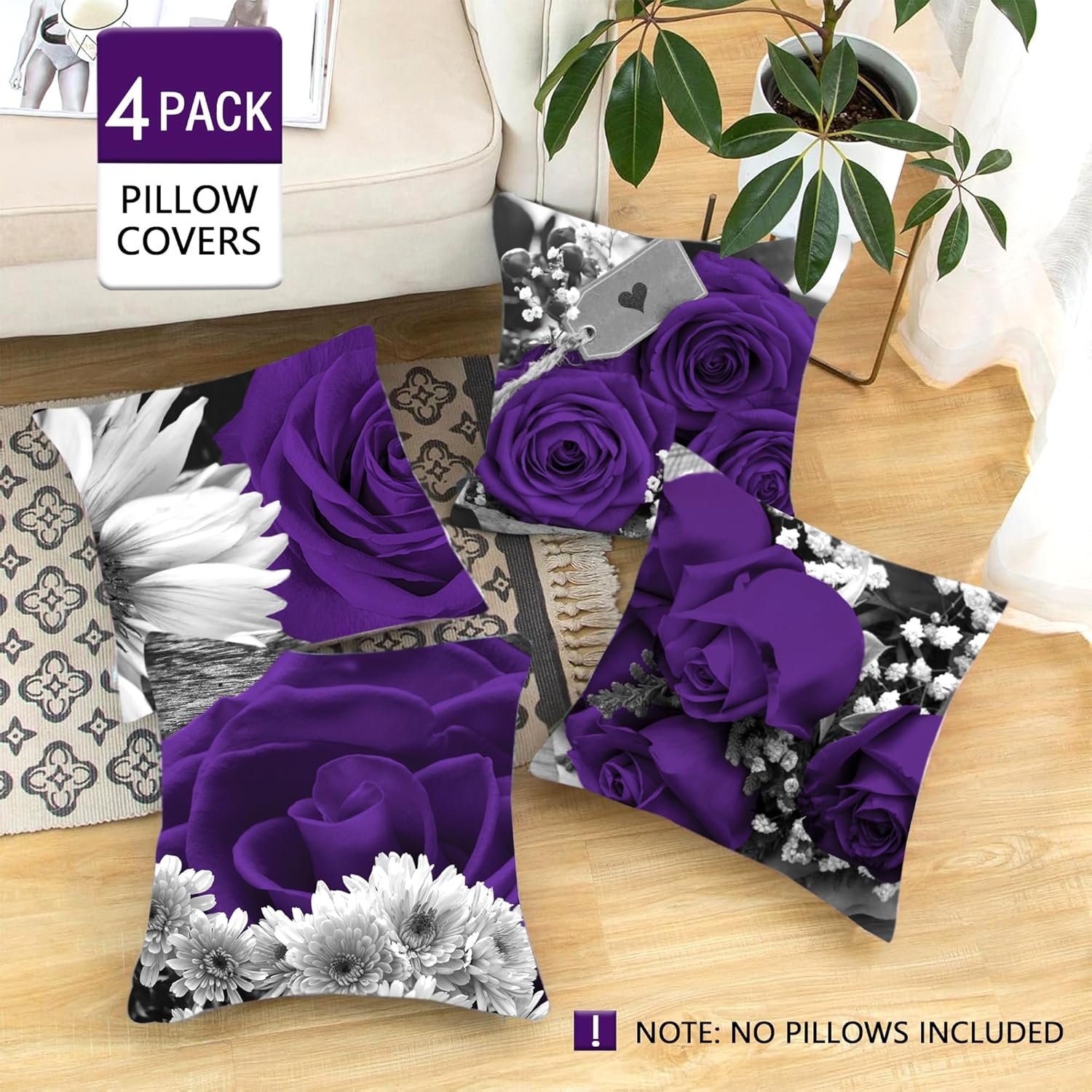 Purple Throw Pillow Covers 4 Pack 18x18 Purple Rose Black Gray Decorative Dark Flower Throw Pillow Covers for Couch Bed Outdoor Flower Linen Farmhouse Pillow Cases Spring Summer