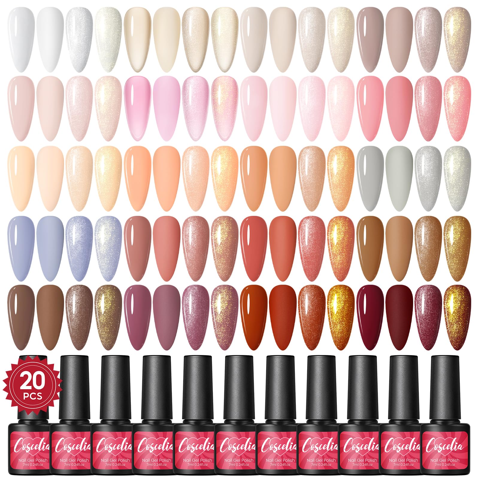 Coscelia Esmaltes Semipermanentes para Uñas, 20 * 7ML Juego de Gel de Uñas Rosa Translúcido Rojo Marrón, Kit Pintauñas Semipermanentes Uñas de Gel U-V LED Esmaltes en Gel Nail Art Manicure Regalo
