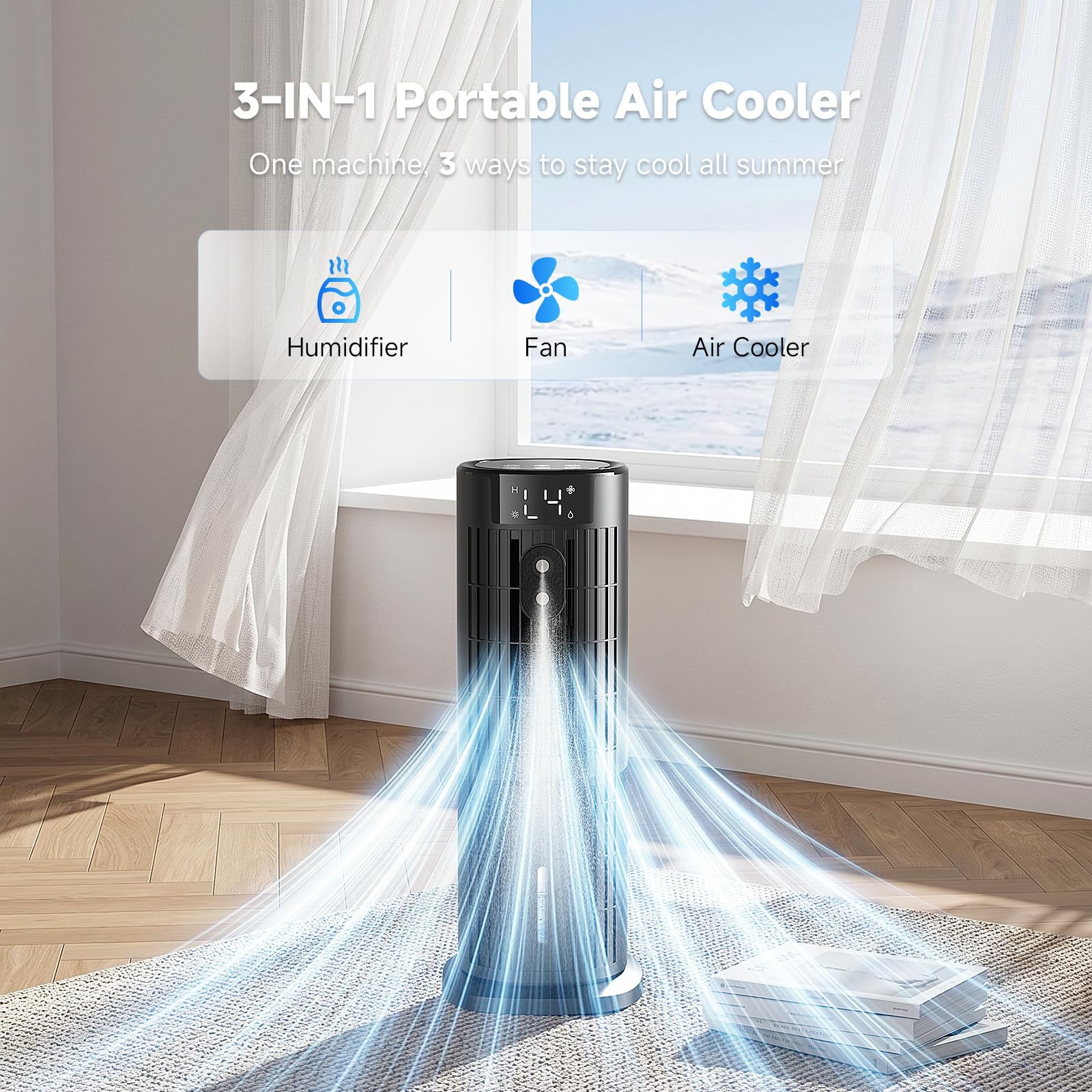 Climatiseur Mobile Portable Sans Lames 2026, Ventilateur Puissante 7.5 m/s, Nouveau Moteur CC (<35 dB), Refroidisseur d'Air Portable avec Oscillation 90°, Minuteur 10H, 4 Vitesses, Télécommande, Noir