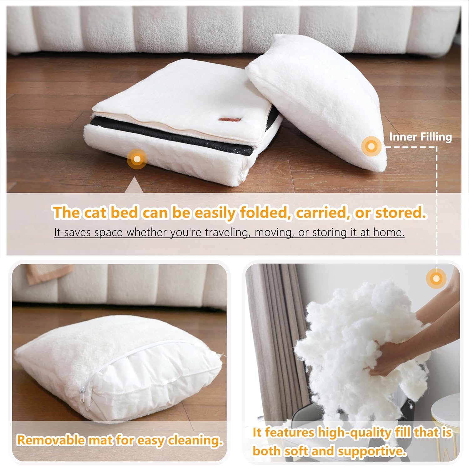 Cat Bed for Indoor Cats,2-in-1 Convertible Cat Bed & Cave,Foldable Washable Cat House,Soft and Thick Removable Inner pad, Anti-Slip Bottom,cat Tent for Kittens,Cats & Small Dogs,Cream