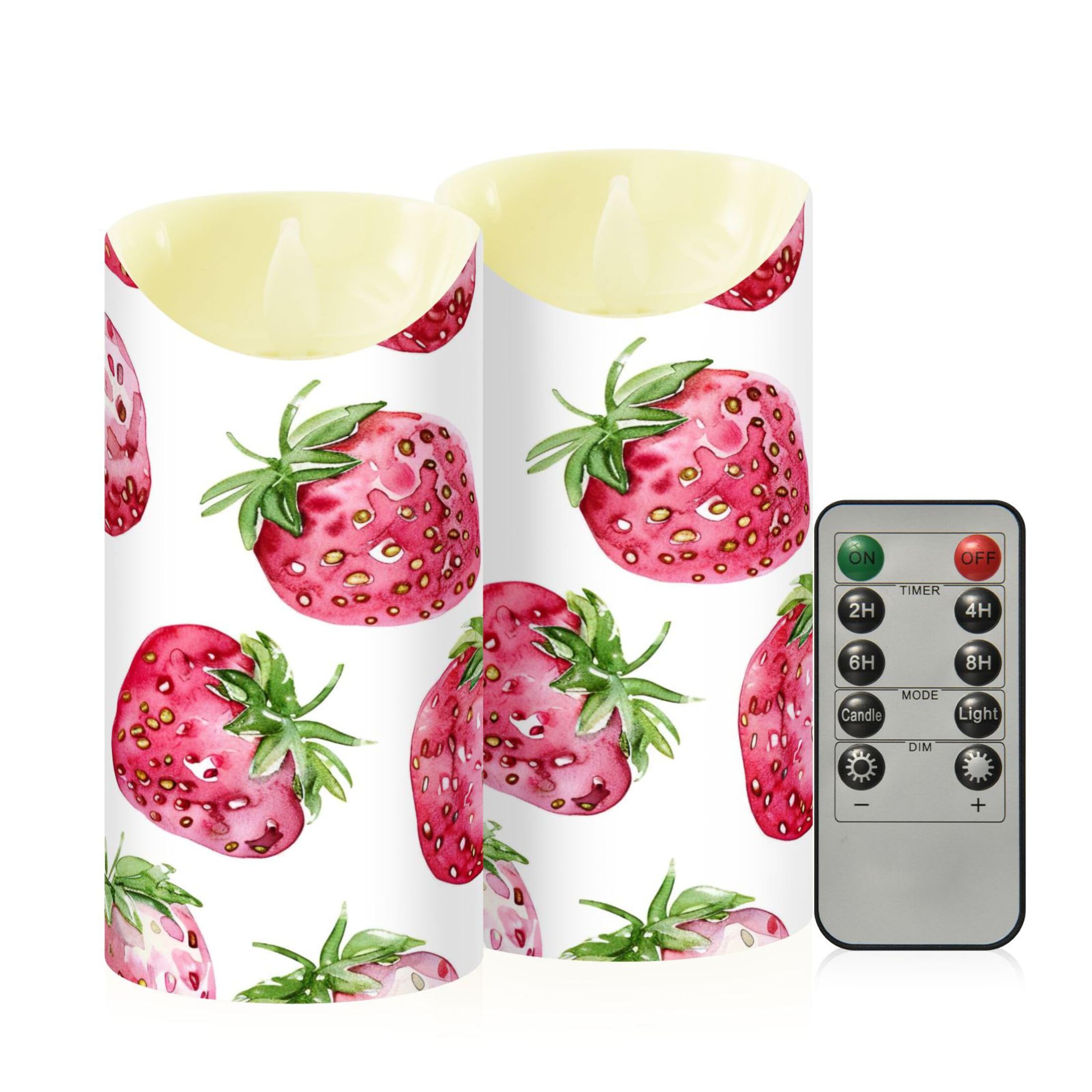 Kutsu Strawberries Flameless Candles Set of 2, Battery Operated LED Flickering Candles with Remote and Timer, Plastic Pillar Candles for Home Wedding Decor