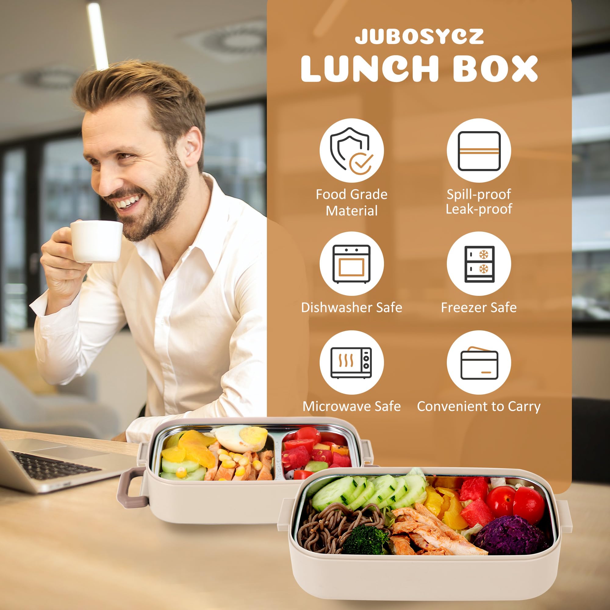 Bento-Lunchbox für Kinder, Damen, Herren, 1,3 l, 2 Fächer, Salat, Metall, Lebensmittelzubereitungsbehälter für Mittagessen, Edelstahl, 3 Schichten, stapelbar, Lunchbehälter mit Deckel, für Erwachsene
