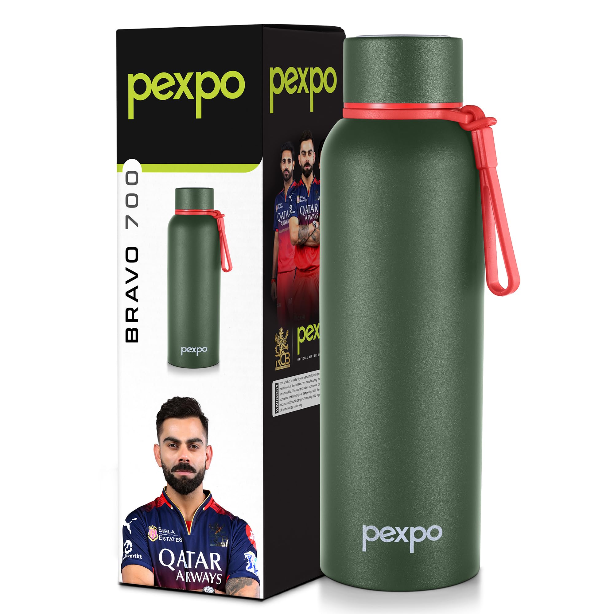 Pexpo Bravo Stainless Steel Water Bottle 700ml | Hot and Cold Flask | ISI Certified Steel Bottle | Triple Wall Insulation | Leakproof | for Home, Office | 1-Year Warranty | Military Green