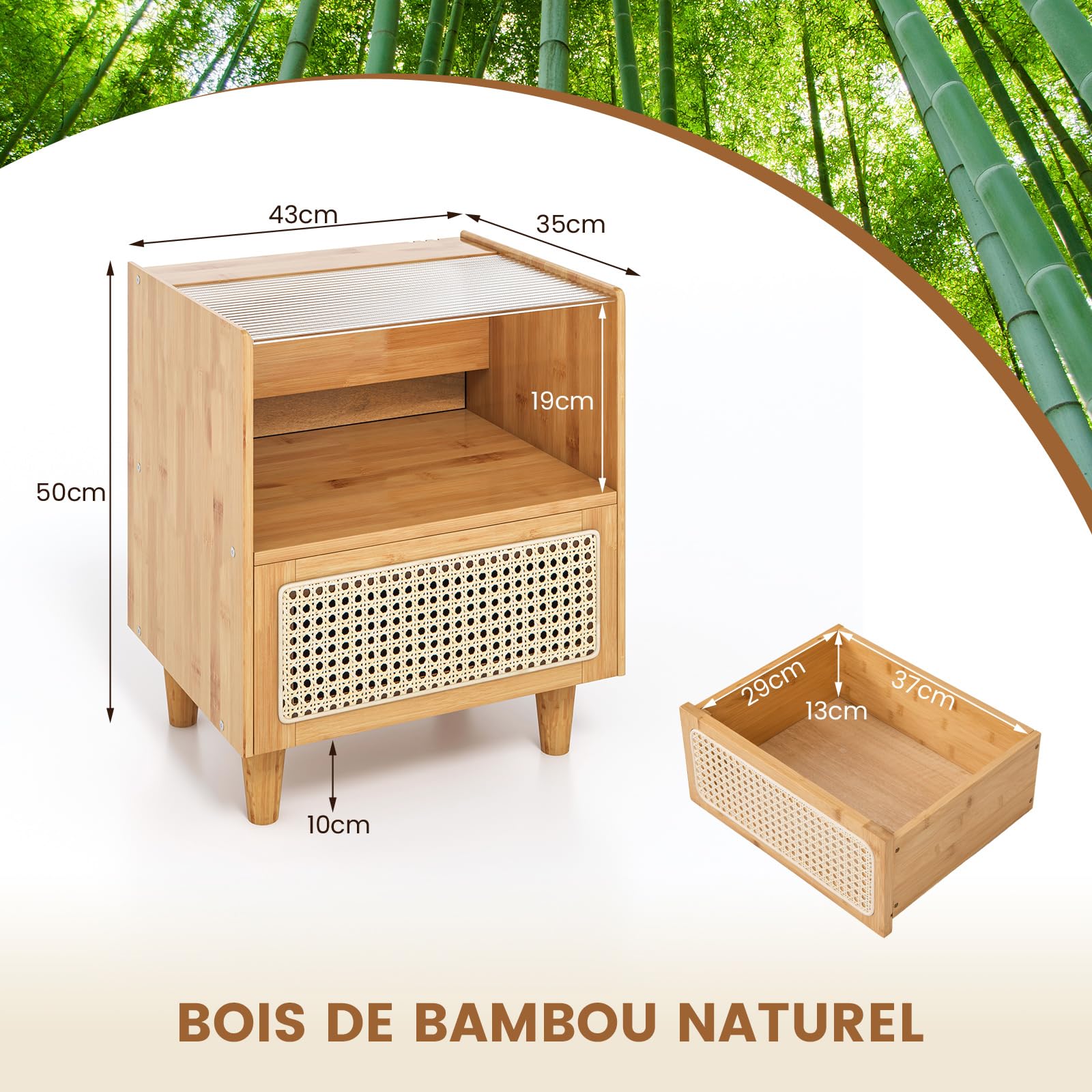 COSTWAY Table de Chevet avec Tiroir, Table d'Appoint en Bambou avec Plateau en Verre, Design Cannage, Grand Compartiement, Pieds en Bois Massif, Table de Nuit Bohême, 43 x 35 x 50 cm (1, Jaune)