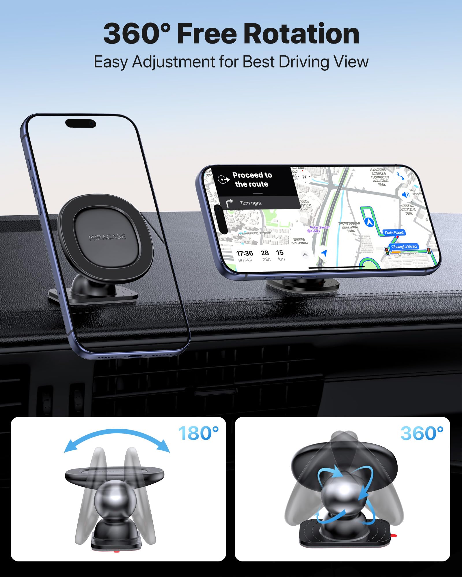 miracase for MagSafe Car Mount【Strong Magnets】 Magnetic Phone Holder for Dashboard，360 Adjustable Car Phone Holder, Compatible with Garmin GPS iPhone Android and All Smartphones, Black view 7