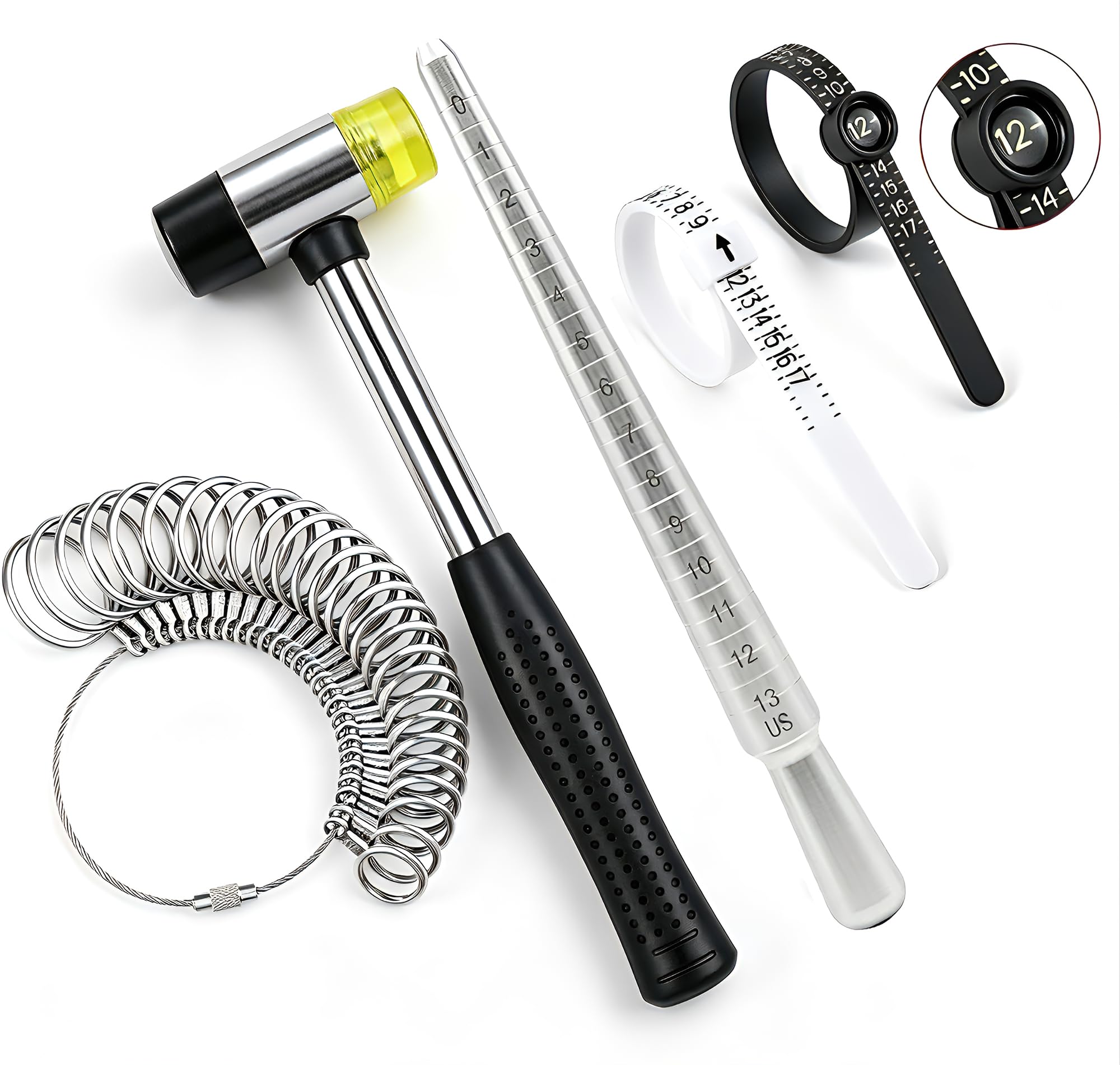 Bflaae 5 PCS Ring Sizer Measuring Tool Kit with Ring Mandrel and Ring Mallet, 27 PCS Stainless Steel Ring Gauges, 2 PCS Reusable Finger Size Tape with Magnified Glass 1-17 USA Rings Size