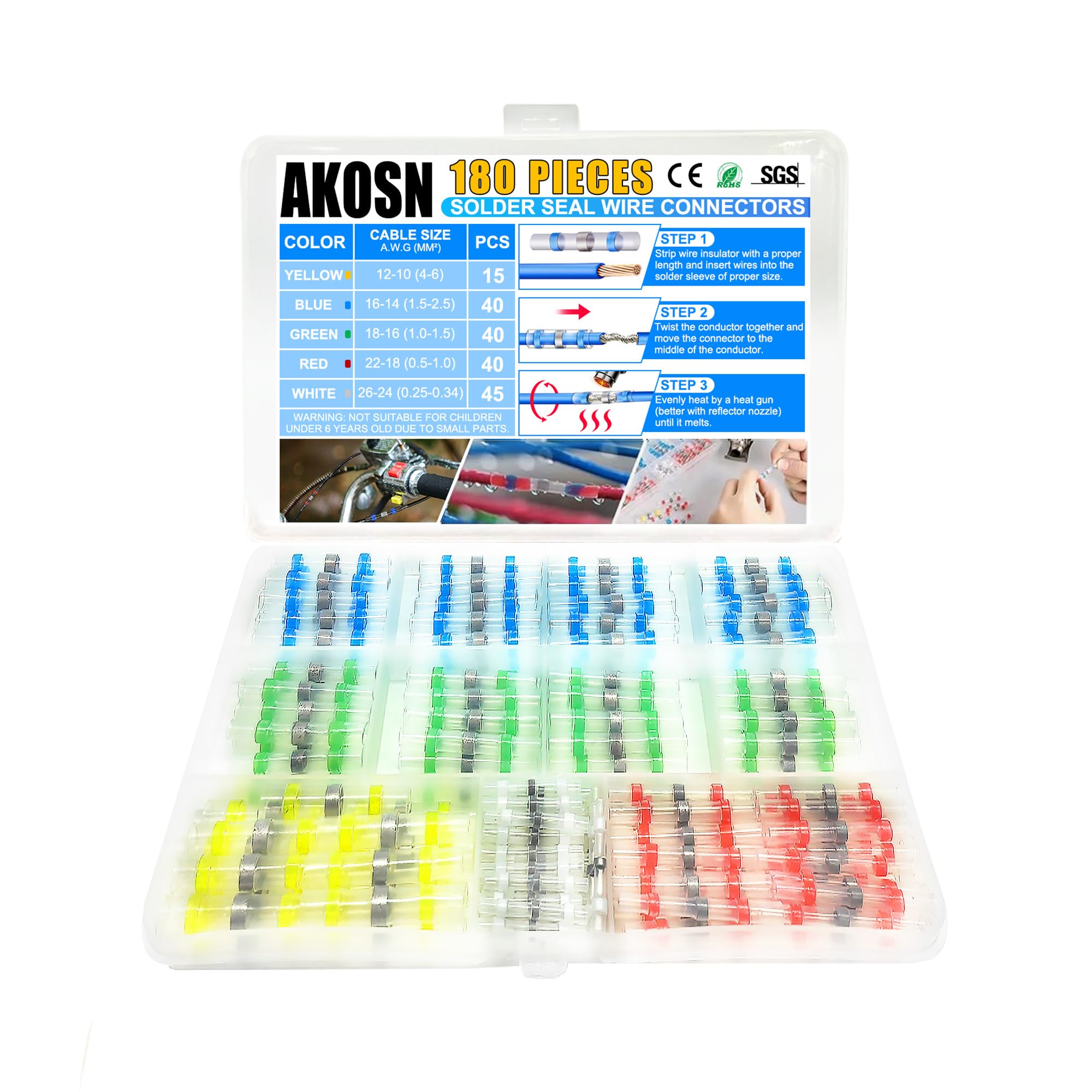 5 Sizes, 180 Pieces - Heat Shrink Butt Connectors, Solder Seal, Waterproof Self Shrink Electrical Connector Kit- for Wiring, Soldering, Marine,