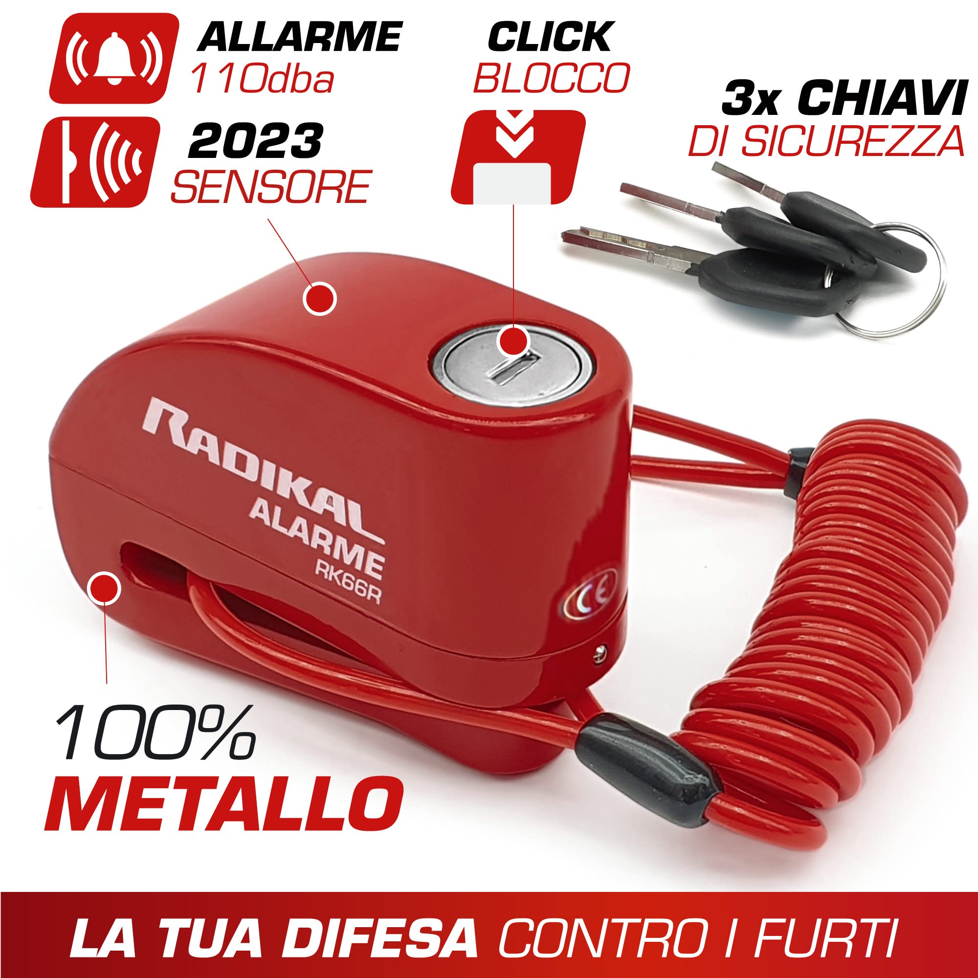 RADIKAL RK66R Bloccadisco Moto Allarme 110dB, Impermeabile, Serratura di Sicurezza Click ø6mm, Universale Scooter, Bicicletta, Cavo Promemoria, Batterie Ricambio, Borsa, Antifurto Blocco Freno Ruota