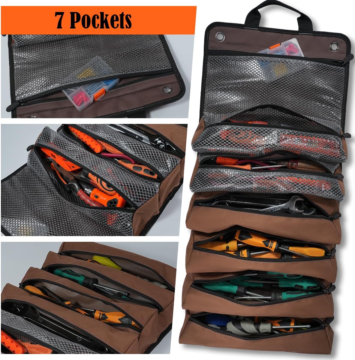 WELKINLAND Heavy-Duty Waxed Canvas Tool Roll, 7-Pockets Tool Wrap Roll, 15L Tool Roll Bag, Large Roll Up Tool Bag For Mechanics. - Image 5