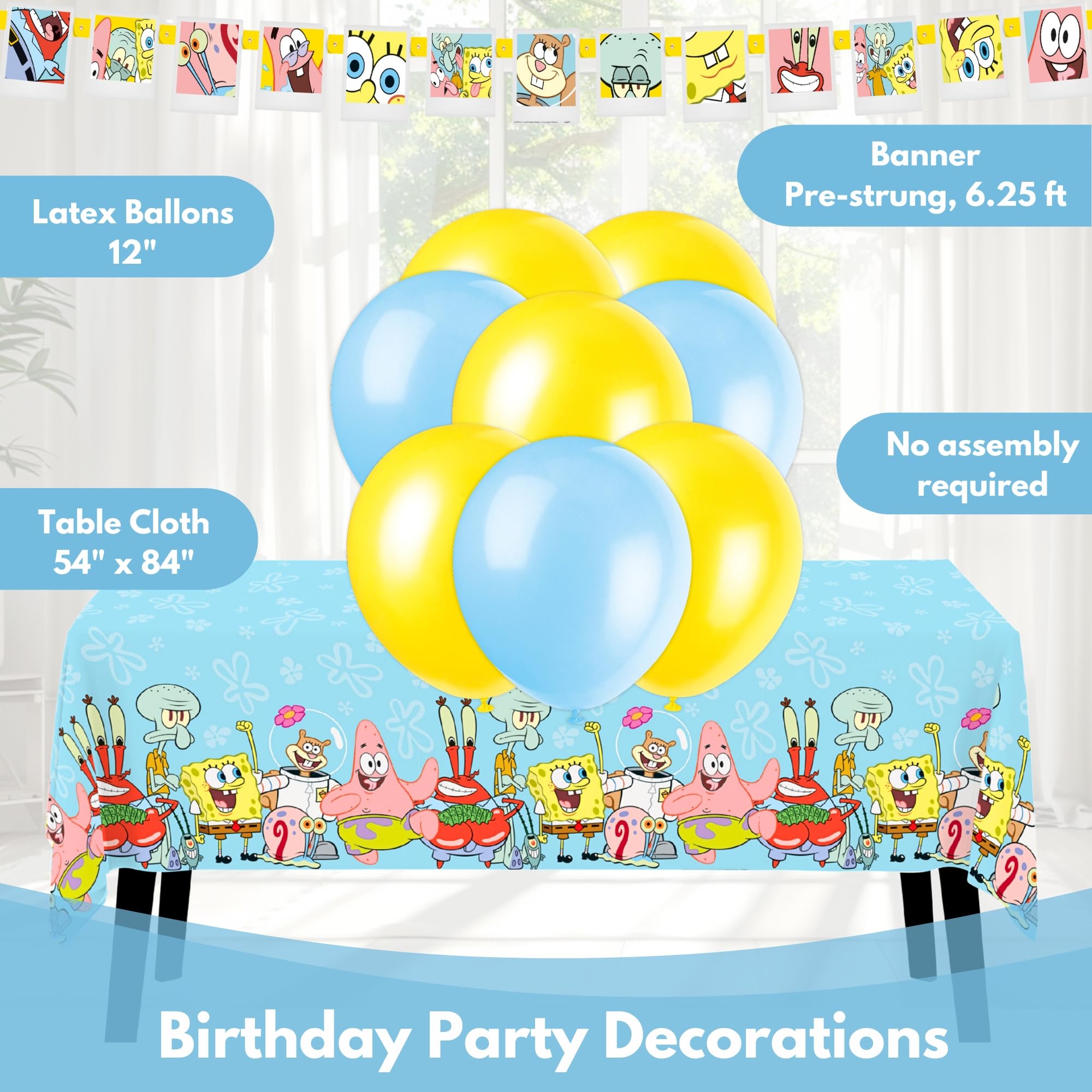 Spongebob - Decorazioni di compleanno per feste, 16 ospiti, tovaglia, striscione, palloncini, piatti, tovaglioli, adesivi, licenza ufficiale