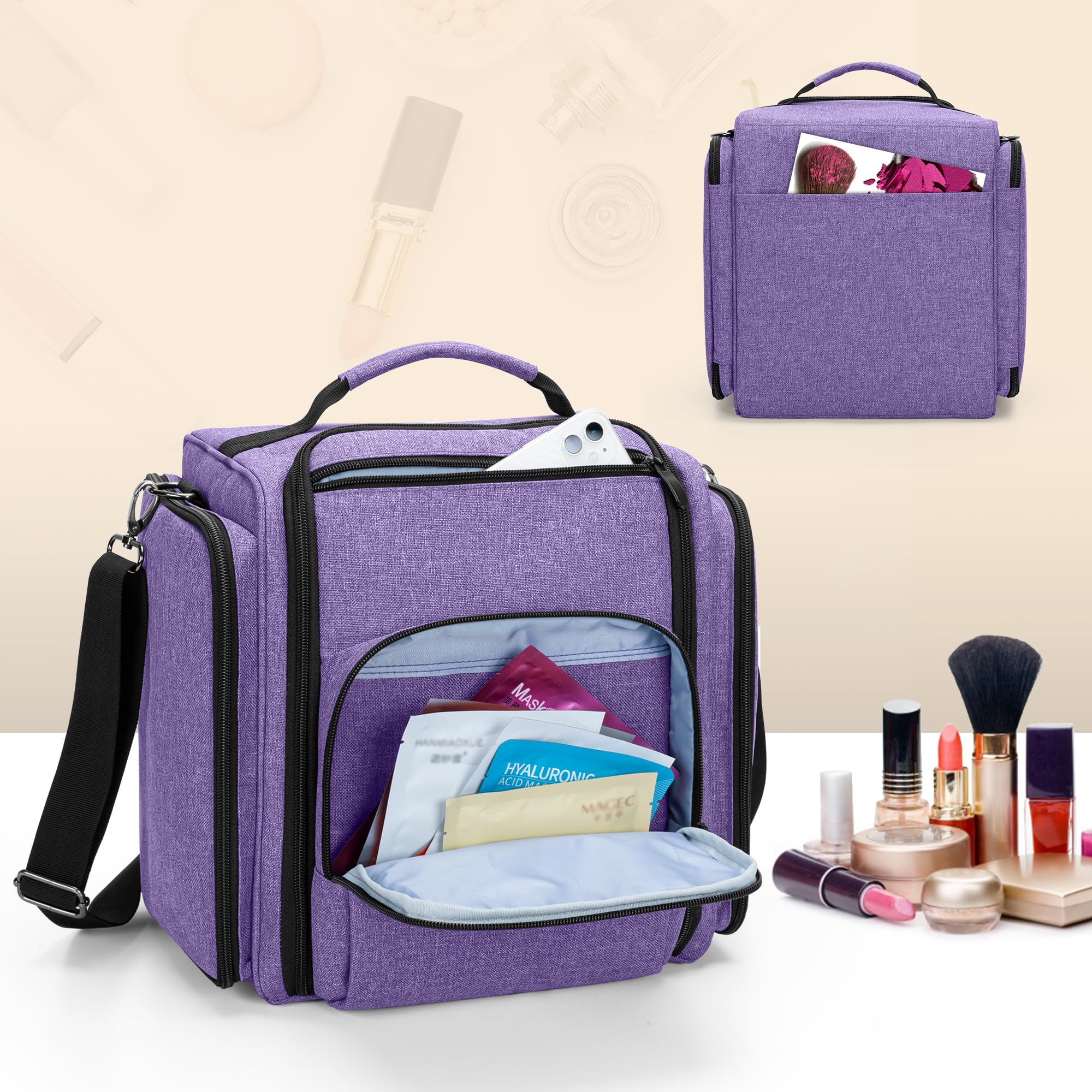 BAFASO Bolsa de Maquillaje Bolsa de Cosméticos con 4 Bolsillos, Púrpura | Estuche Multifuncional de Maquillaje de Viaje, Bolsillos Internos Extraíbles