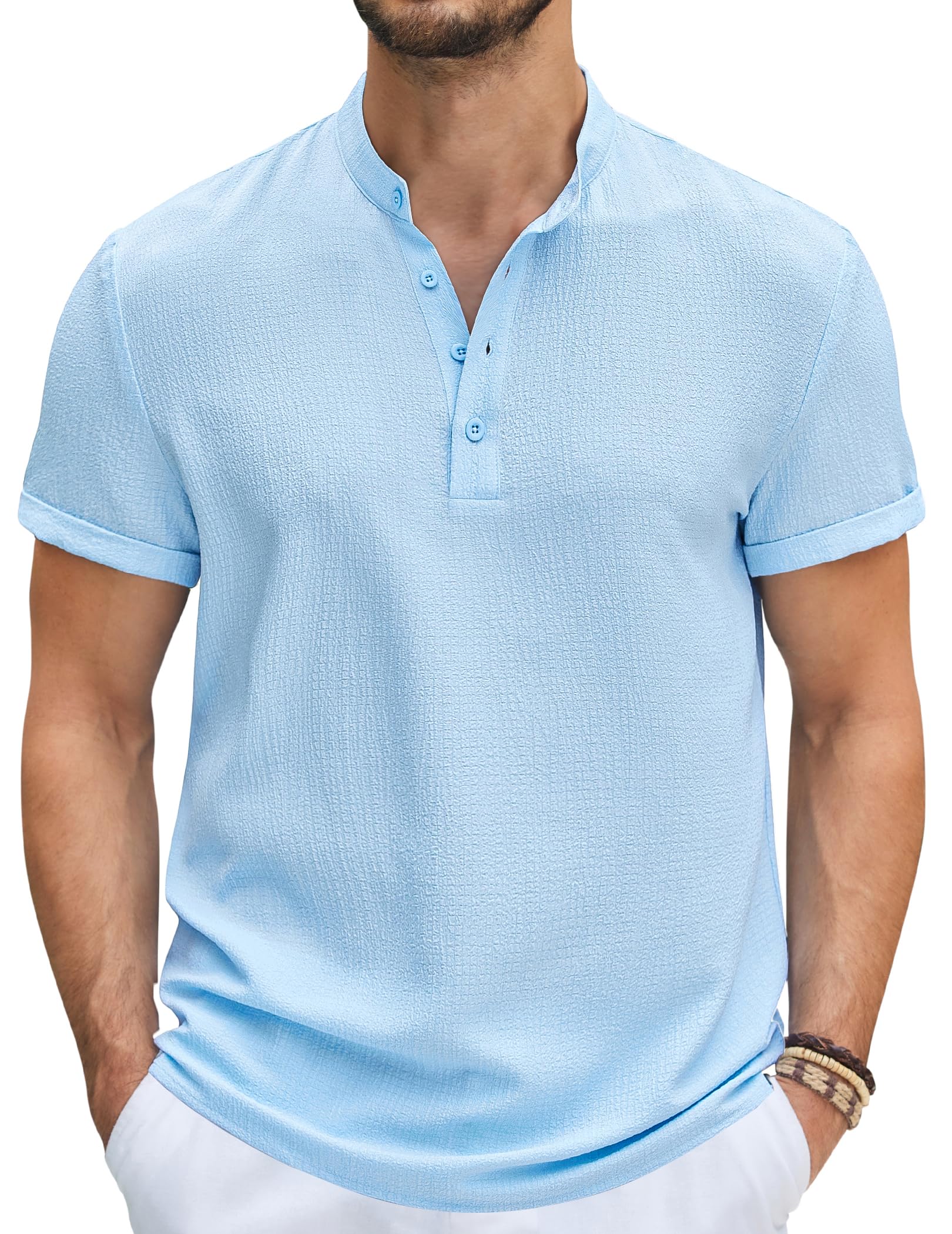 COOFANDY Men's Casual Henley Tee Shirt Band Collar Short Sleeve Summer Beach Hippie T Shirts