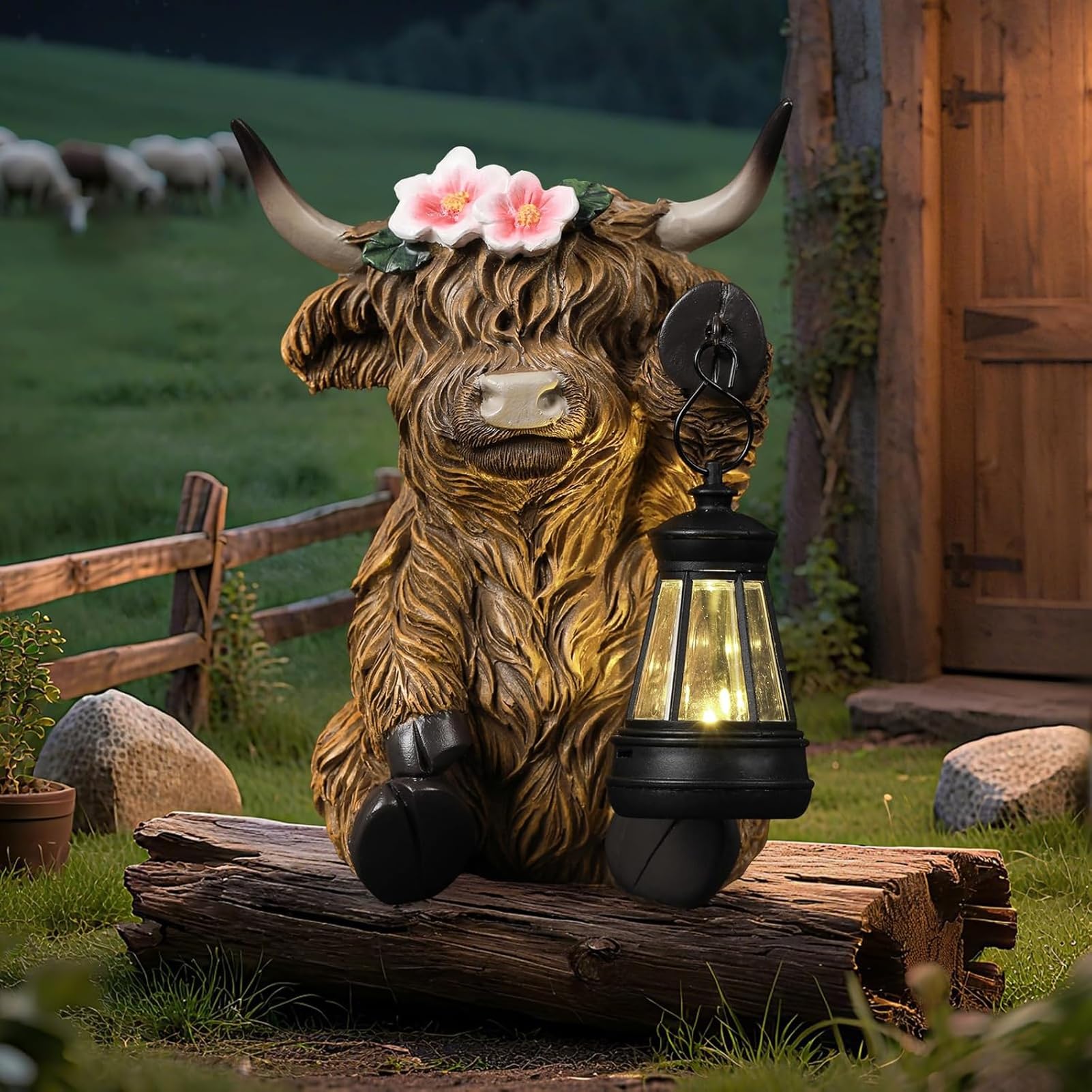 Highland Cow Kuh Figuren mit Blumen Solar Deko für Gartendeko & Wohnzimmer - Solar-Laterne, Bernstein-LED, autom. EIN/Aus, wetterfeste Harzfigur für Garten, Balkon & Bauernhof-Deko