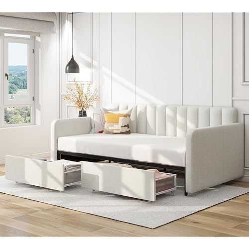 LifeSky Home Daybed Twin for Kids - Boucle Tufted Day Bed Frame with Storage for Living Room Bedroom - Upholstered for Aged 5+ White