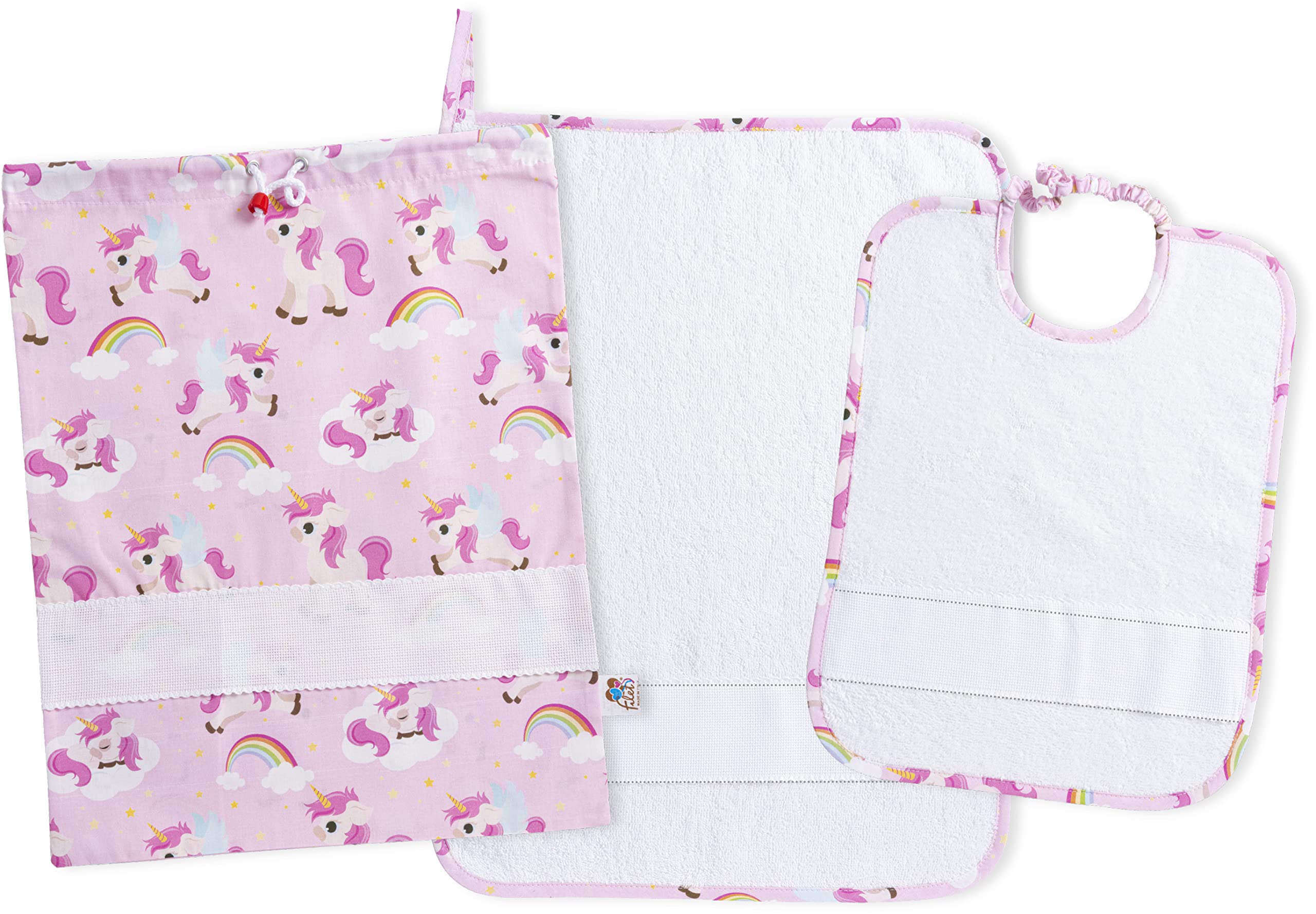 Filet - Set Asilo 3 Pezzi | Sacchetto, Bavaglino e Asciugamano in coordinato | Cotone e Spugna di alta qualità |Inserto in tela aida da ricamare | Stampa Unicorni su fondo rosa