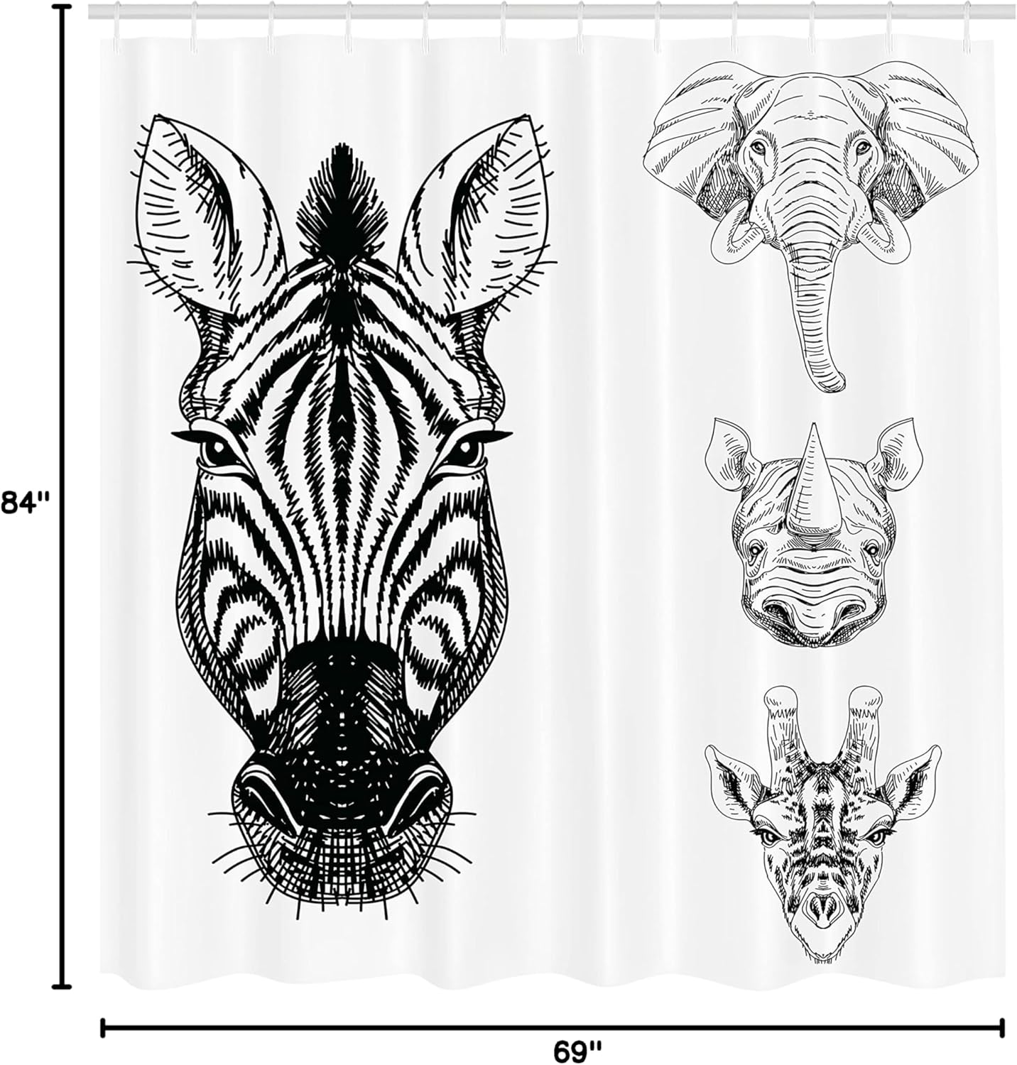 Ambesonne Animal Shower Curtain, Monochrome Sketch of Zebra Giraffe Heads Wildlife Animal Zoo Image, Cloth Fabric Bathroom Decor Set with Hooks, 69" W x 84" L, White and Black