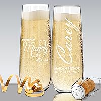 Vista 3 de Copas de champán grabadas personalizadas sin tallo, copas de boda personalizadas con monograma para dama de honor