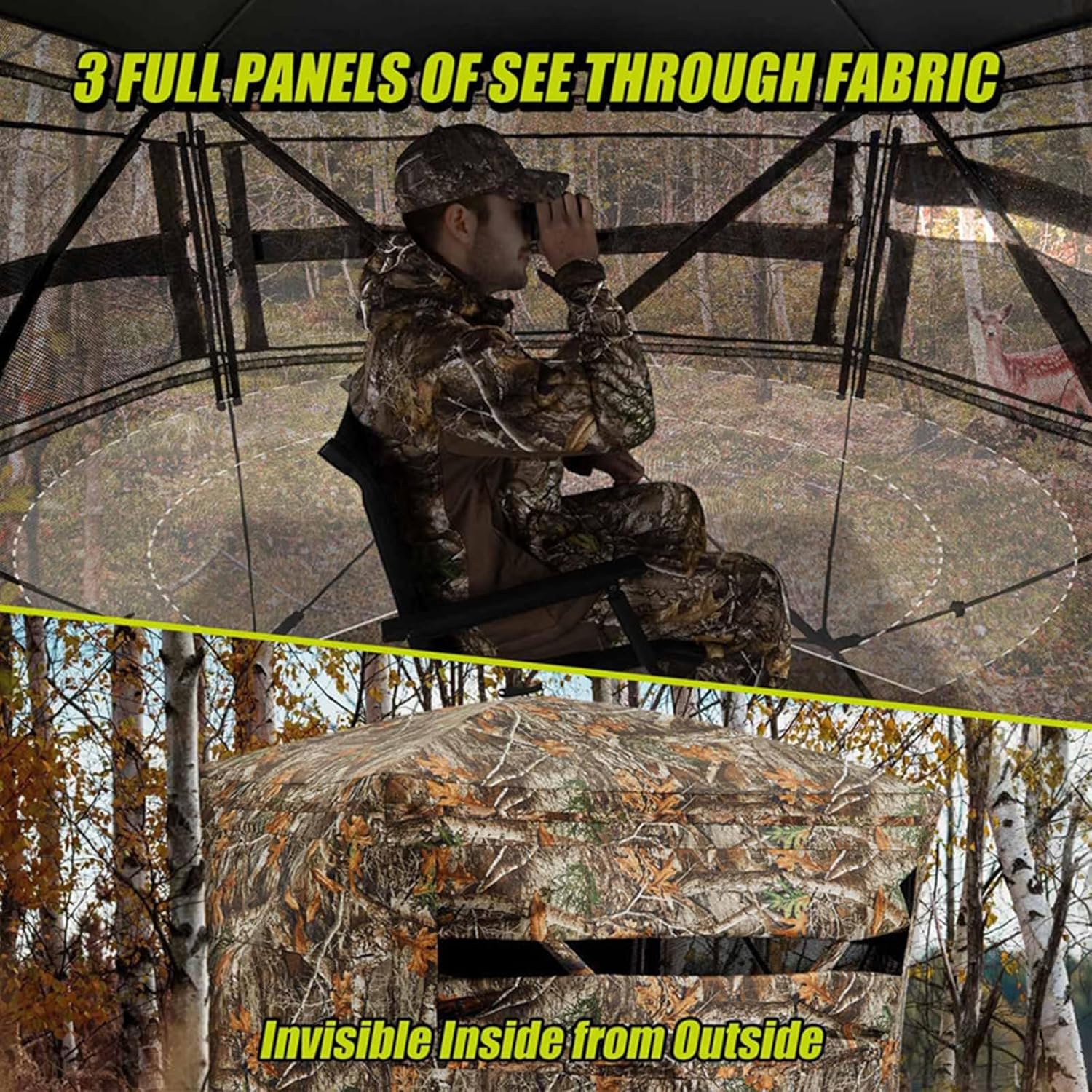 Camping Tent Hunting Blind See Through 2-3 Person Pop Up Ground Blinds with Carrying Bag, 270 Degree Portable Resilient Hunting Tents for Deer Turkey Hunting