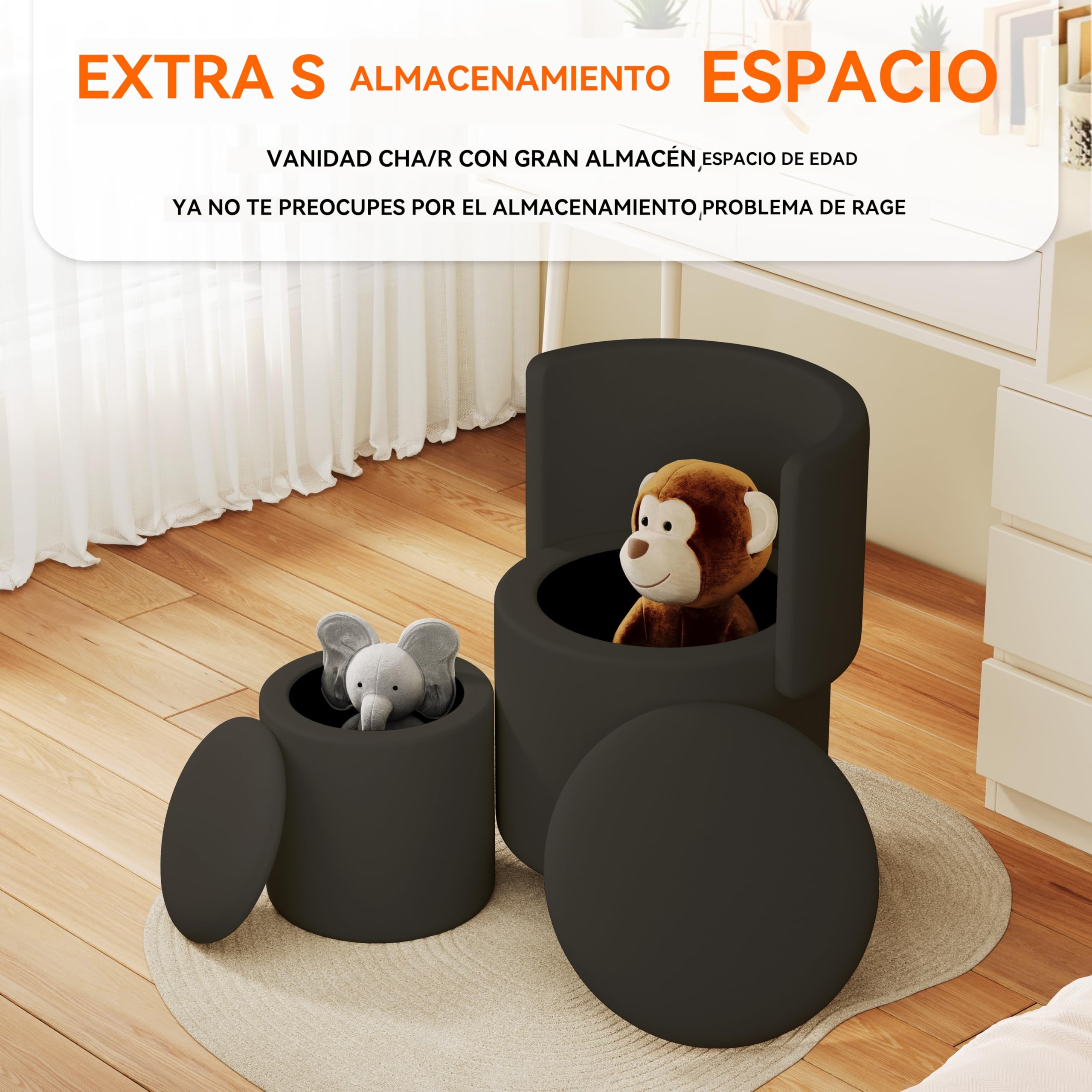 Otomano Redondo de Almacenamiento, Taburete con Almacenamiento Y Reposapiés Plegable para Sala de Maquillaje, Sala de Estar, Dormitorio