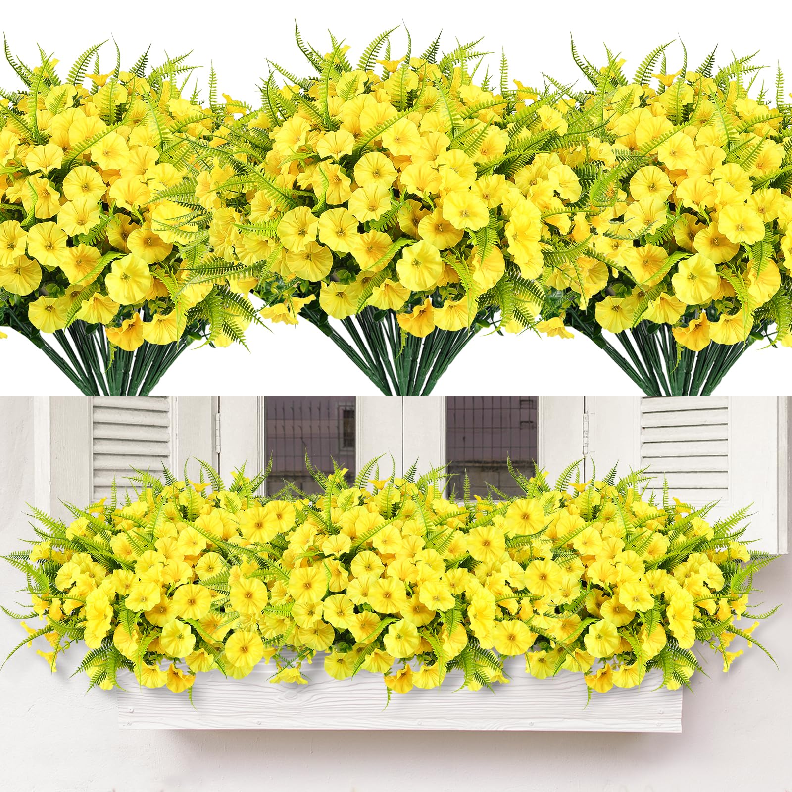 HIAGROW Artificial Flowers Outdoors 12 Bundles Yellow Artificial Petunias Fake Flowers UV Resistant Shrubs Plants with Fern for Indoor Outside Hanging