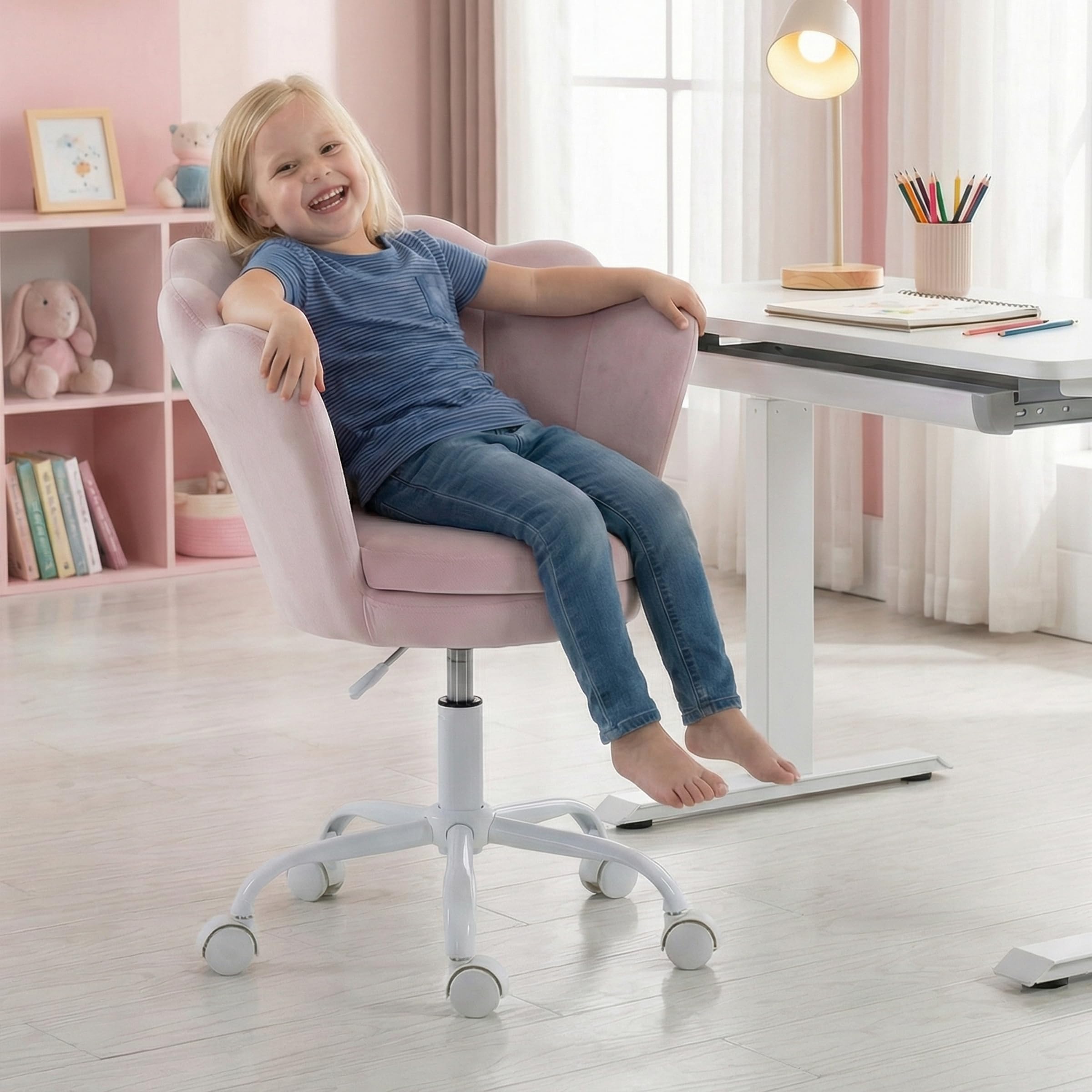 Pink Kids Desk Chair, Cute Velvet Adjustable Children Desk Chair Rolling Study Armchair Upholstered Computer Chair Shell Back 360° Swivel Vanity Chair