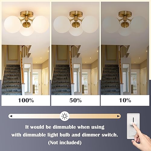 Miniatura 5 de Lámpara de techo semiempotrada de 3 luces de mediados de siglo, globo dorado, lámpara de techo semiempotrada, 3 luces, globo de vidrio de leche,