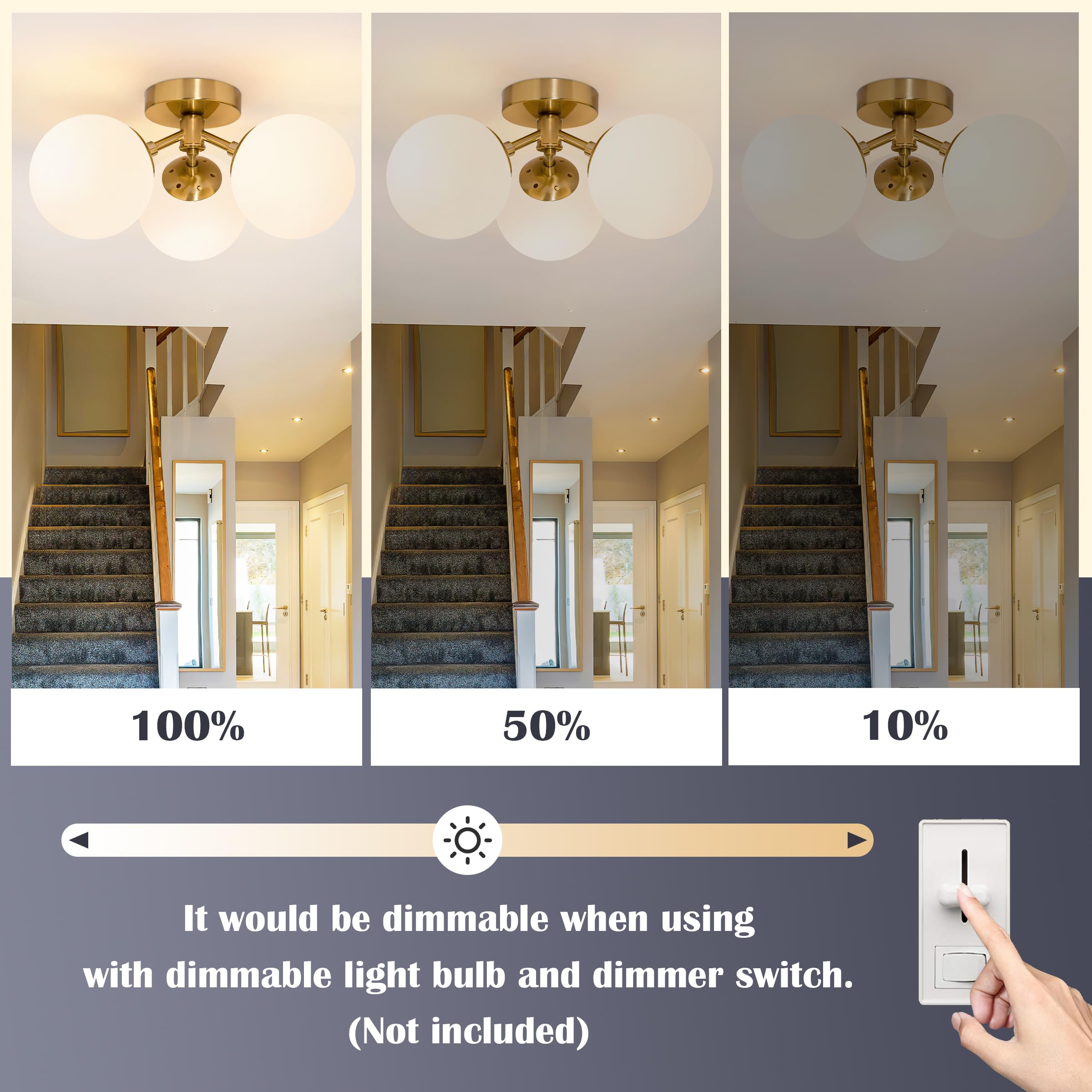 Bagood 3-Light Mid Century Sputnik Ceiling Light - Modern Semi-Flush Mount With Milk Glass Shades, Gold Finish - View #13