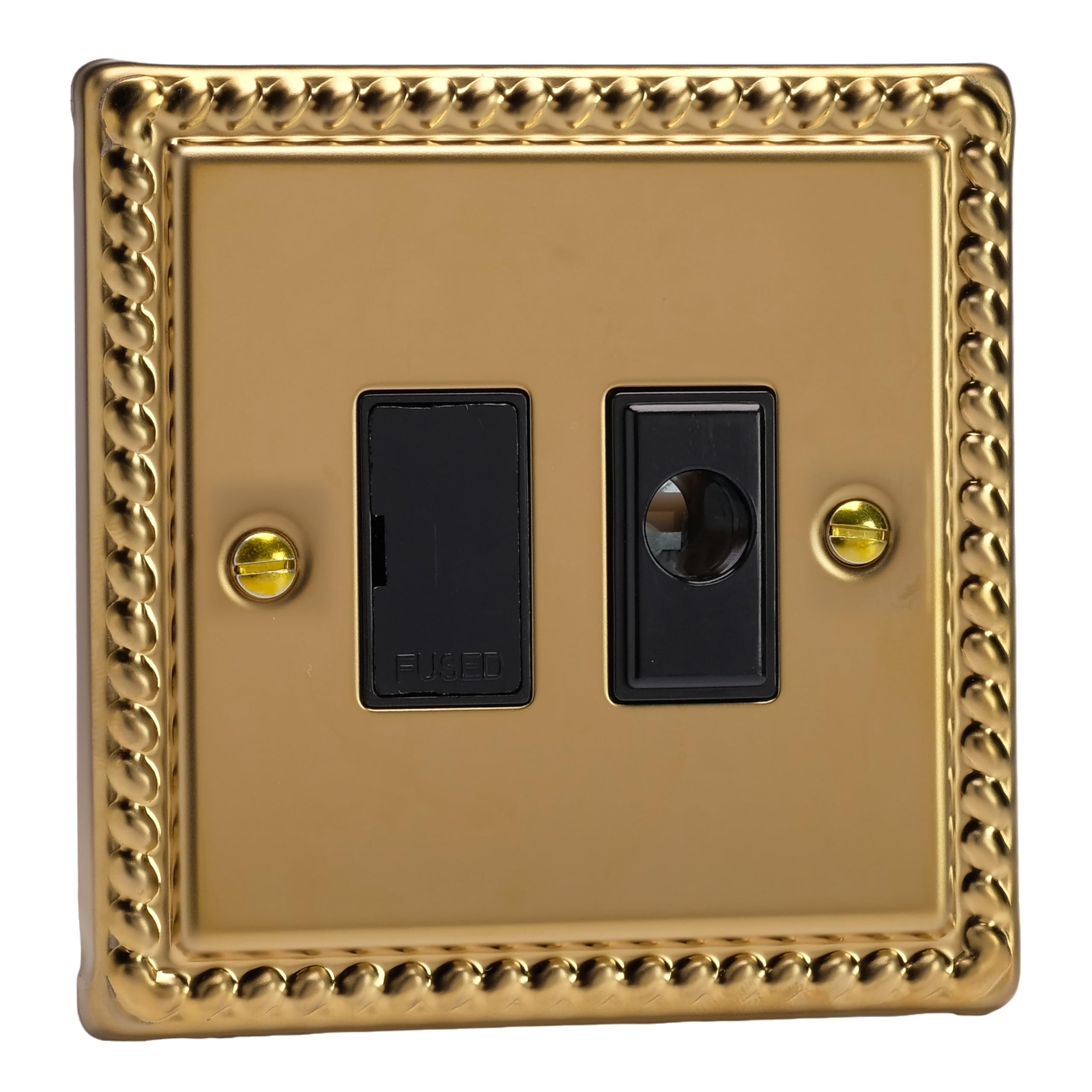 Varilight Unswitched Fused Spur With Flex Outlet - Classic Georgian Brass With Black Insert, XG6UFOB, 95x95x34mm